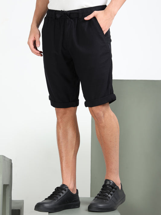 Men's Black Solid Cotton Lycra Mid-Rise Casual Shorts