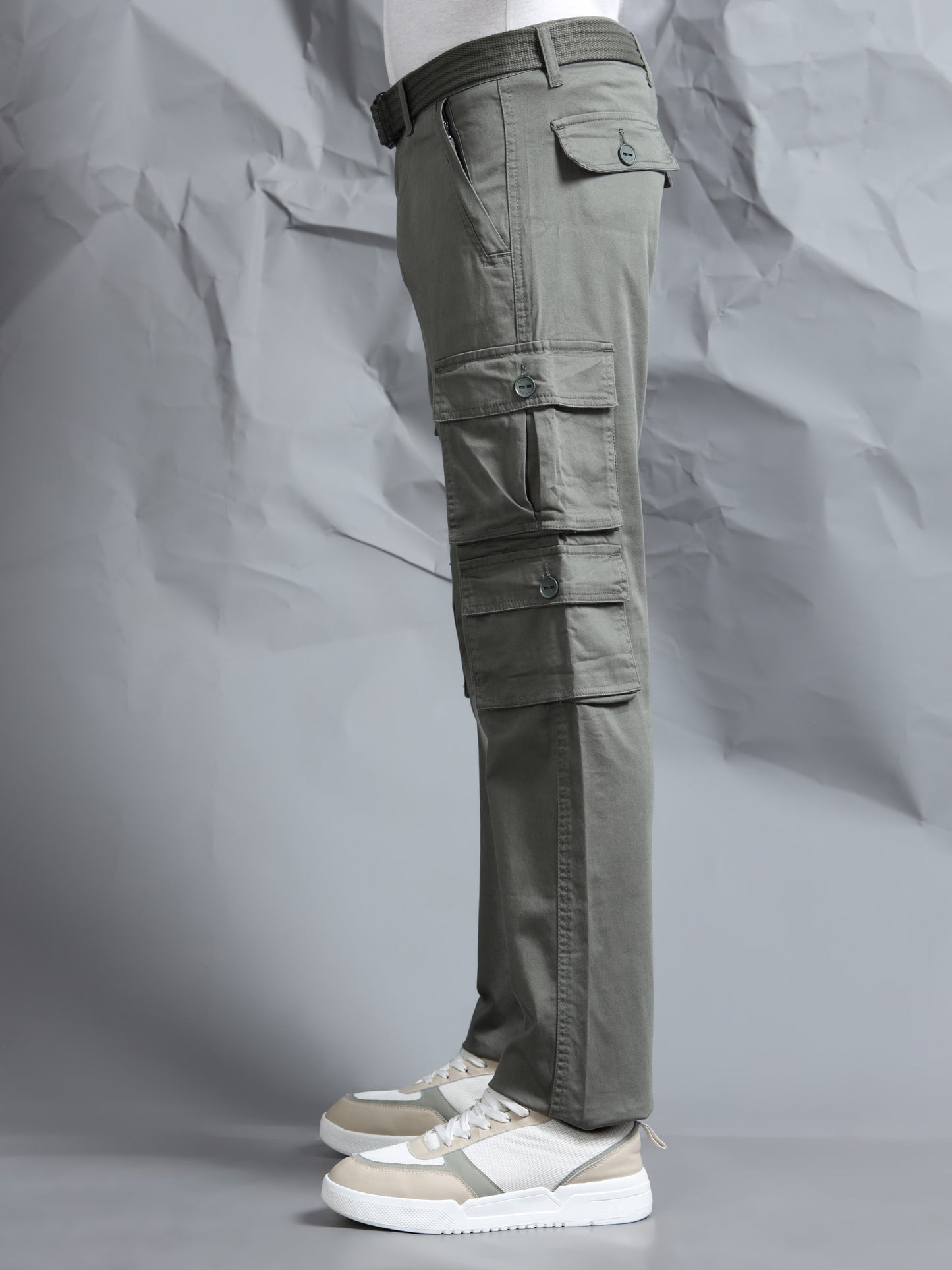 Men F Green Cargo Pockets Pant With Belt