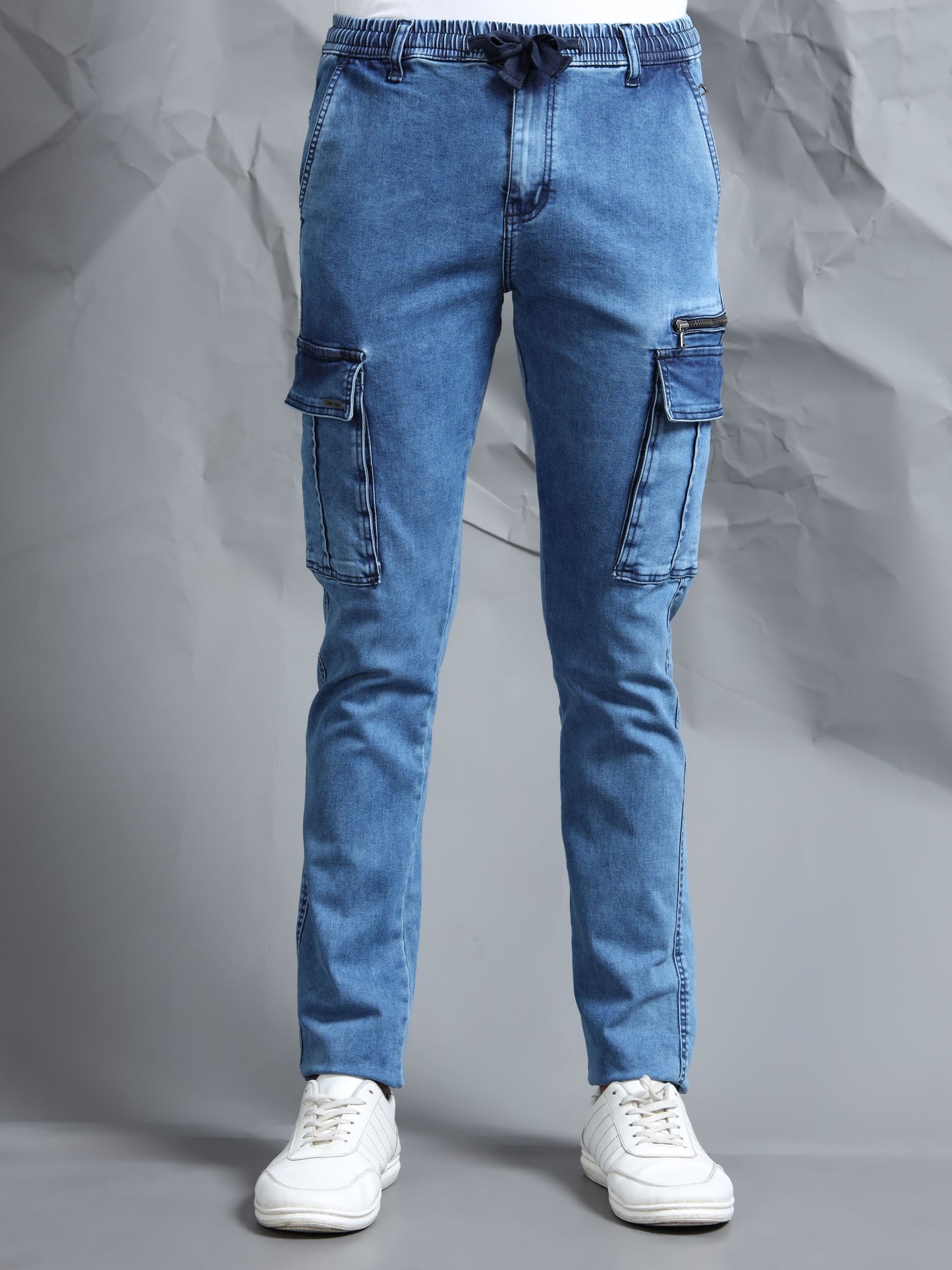 Cotton Lycra Indigo  Mid Rise Cargo Pant with 7 Pockets  Drawstring Closure