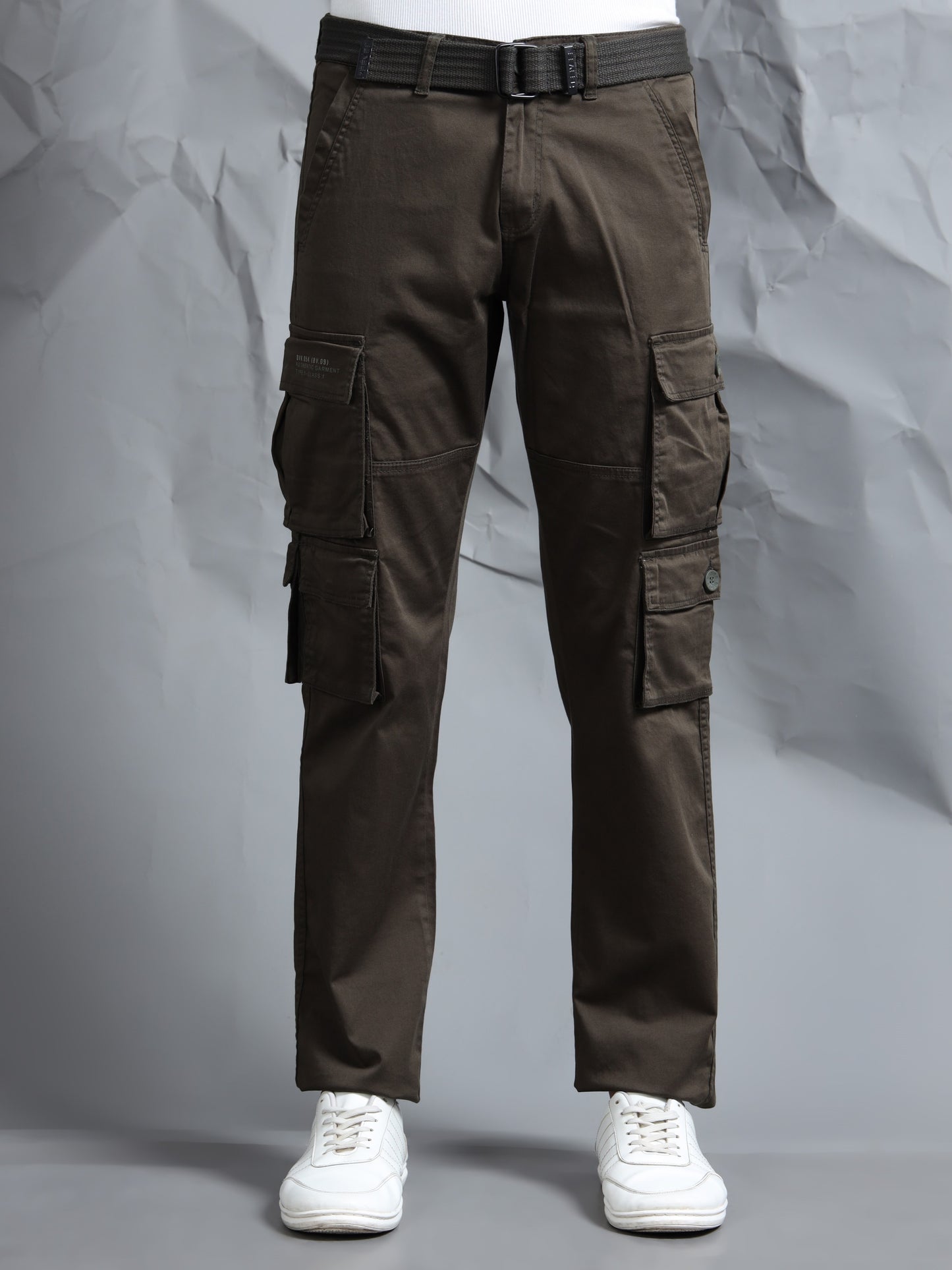 Men Olive Cargo Pants With Belt