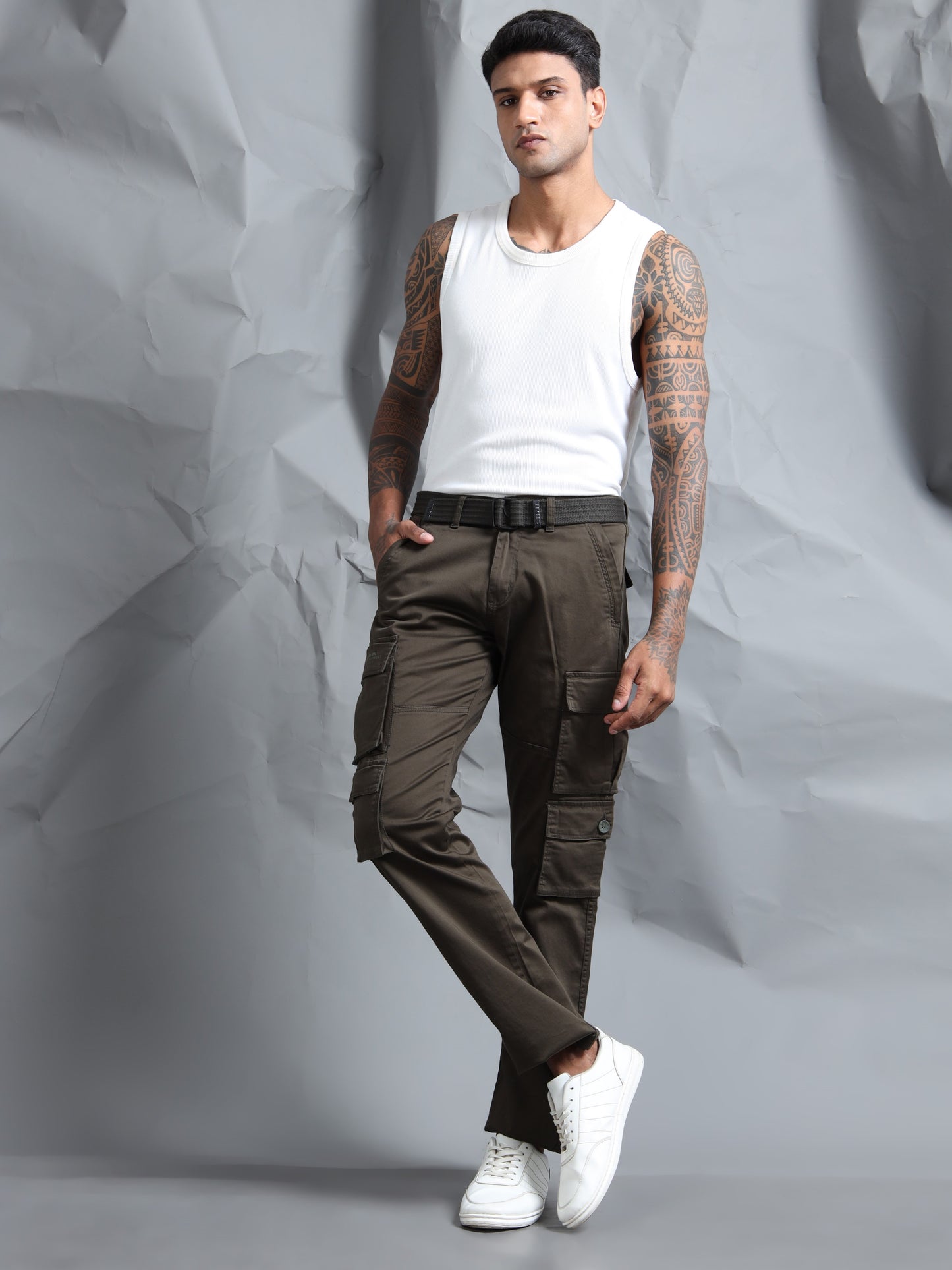 Men Olive Cargo Pants With Belt
