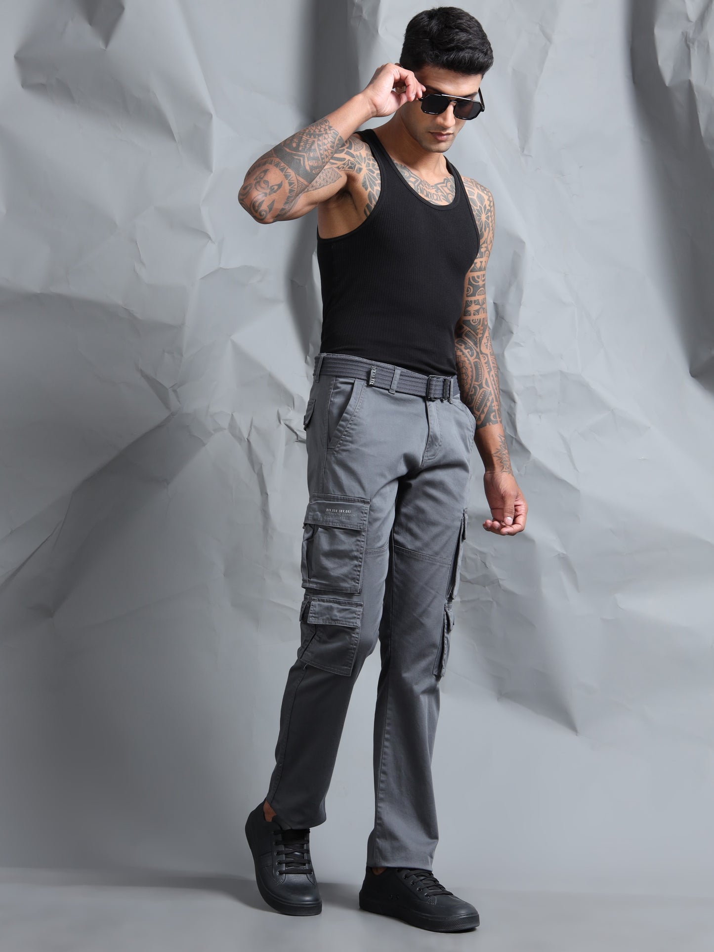 Men M Grey Cargo Pocket With Belt