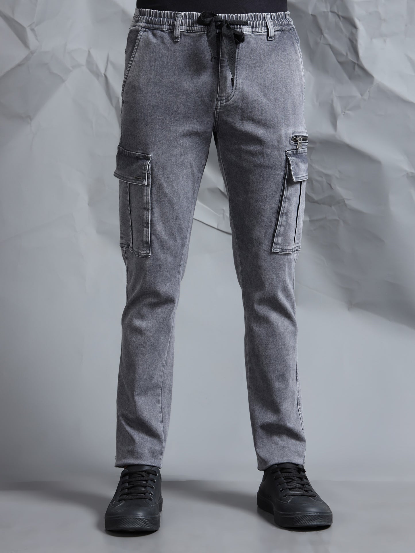 Cotton Lycra Grey  Mid Rise Cargo Pant with 7 Pockets  Drawstring Closure