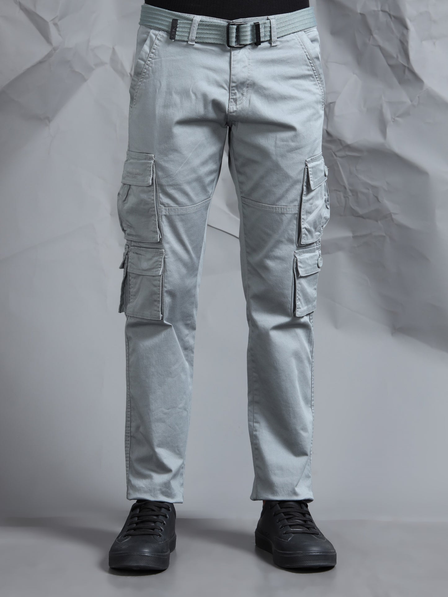 Men Steel Grey Cargo Pants With Belt