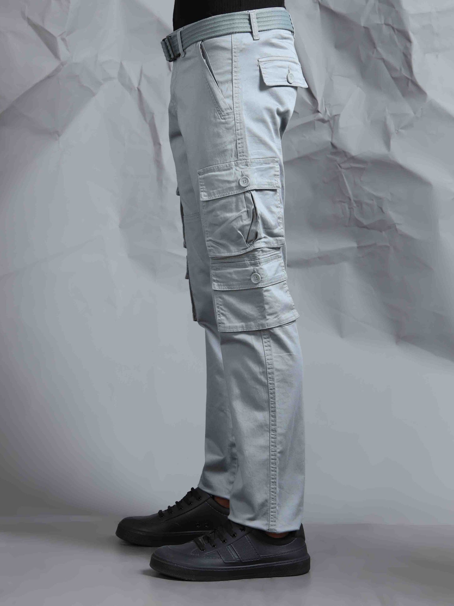 Men Steel Grey Cargo Pants With Belt