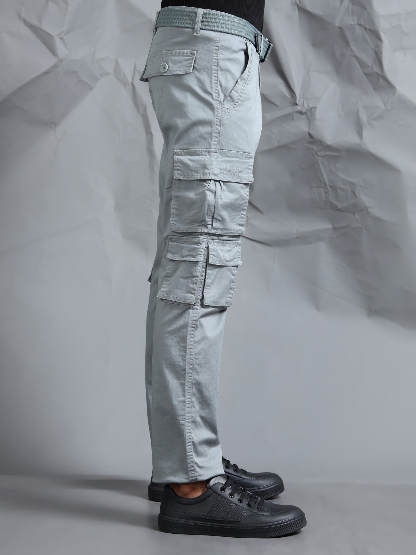Men Steel Grey Cargo Pants With Belt
