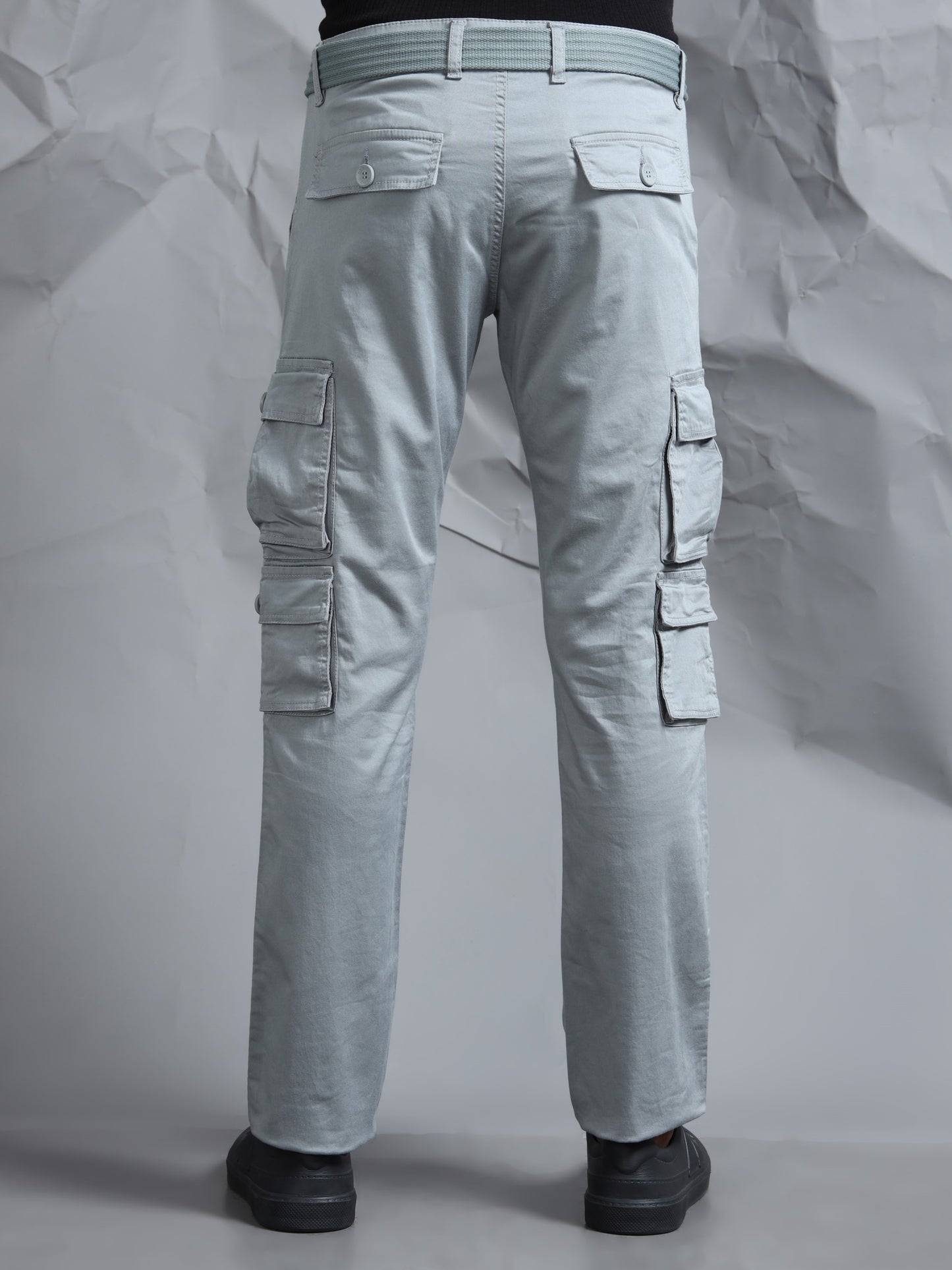Men Steel Grey Cargo Pants With Belt