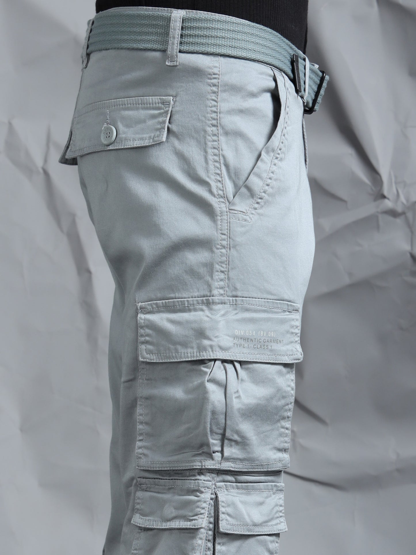 Men Steel Grey Cargo Pants With Belt