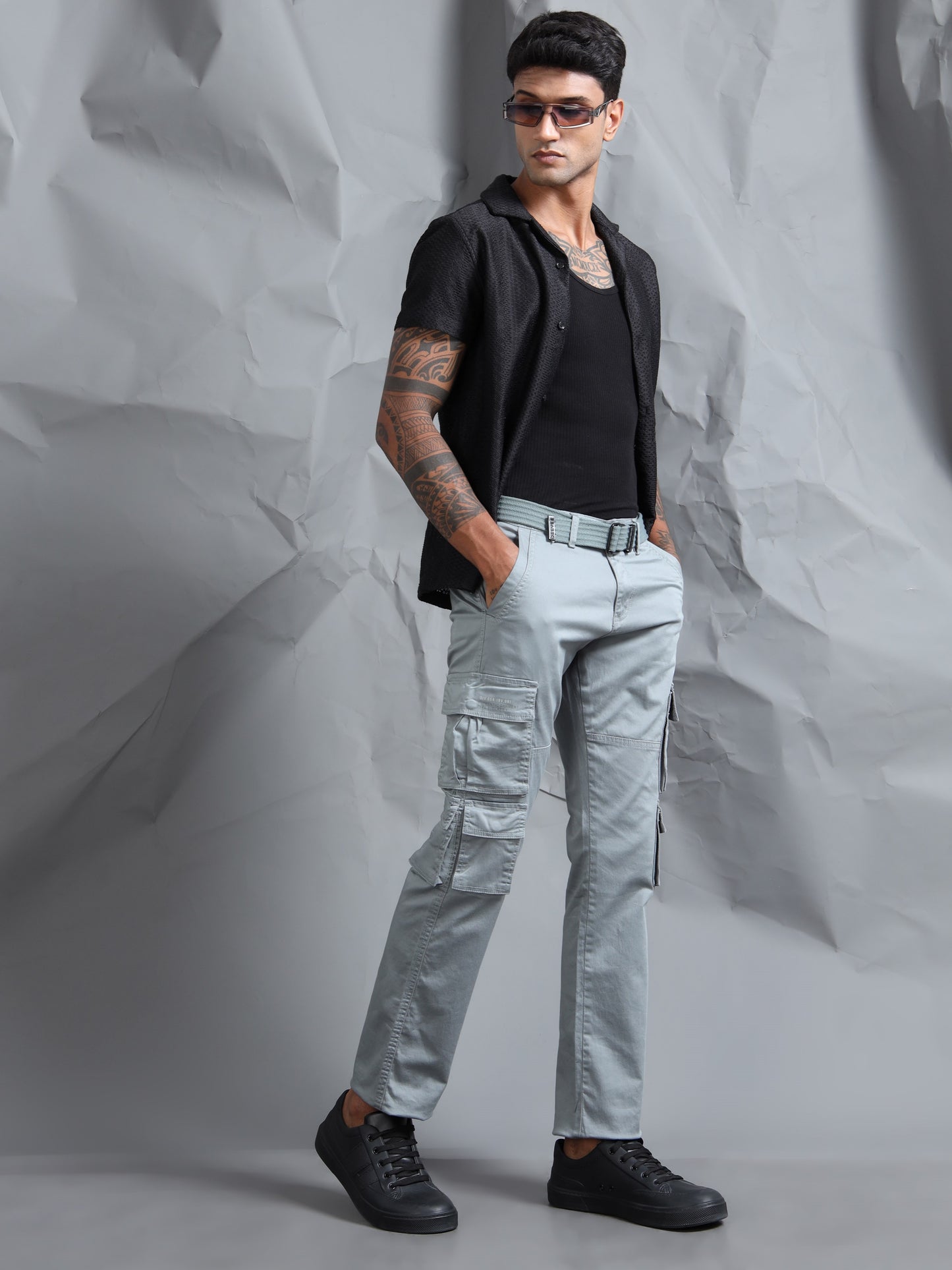 Men Steel Grey Cargo Pants With Belt