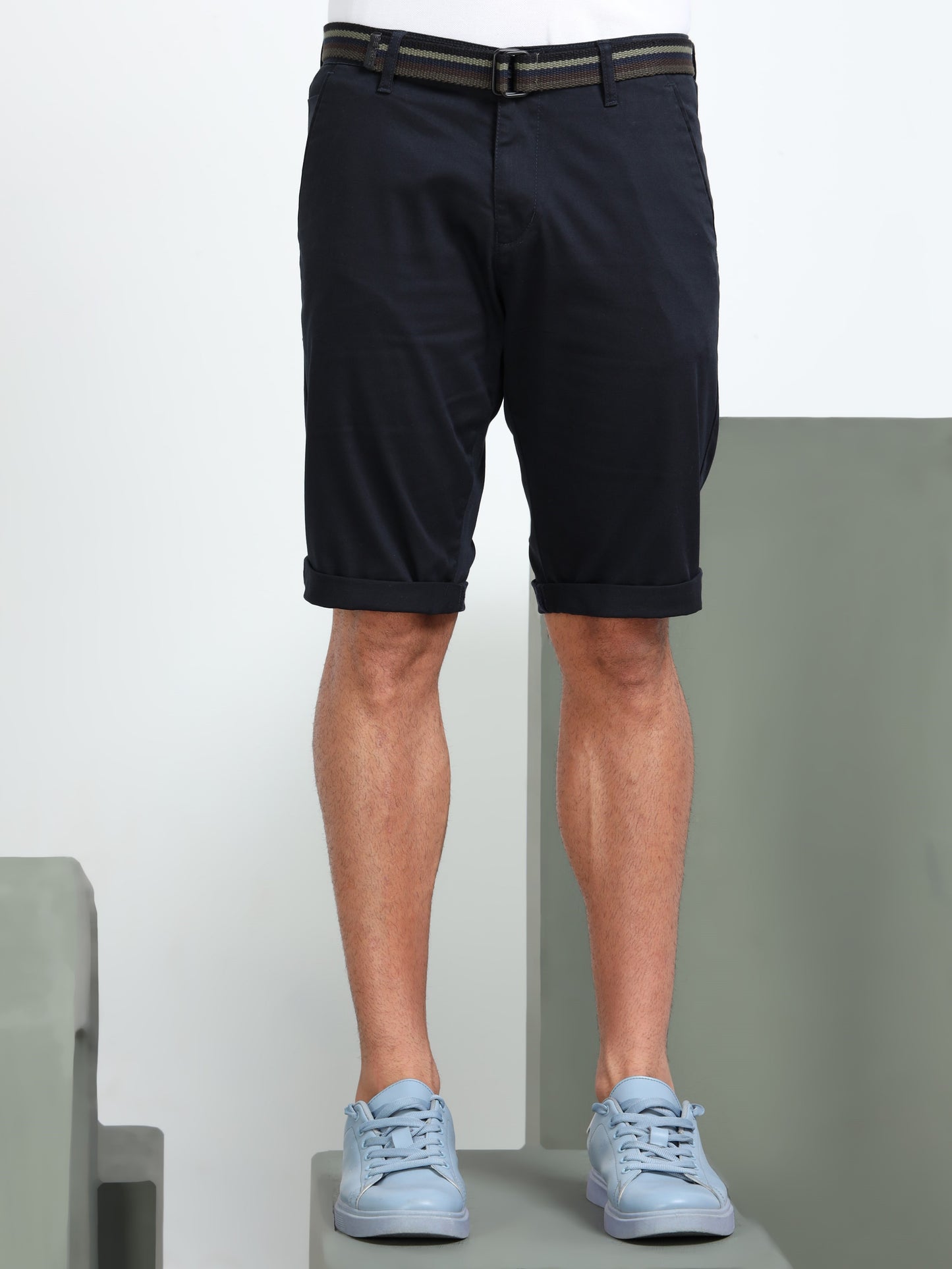 Solid Mid Rise Navy Blue Casual Shorts