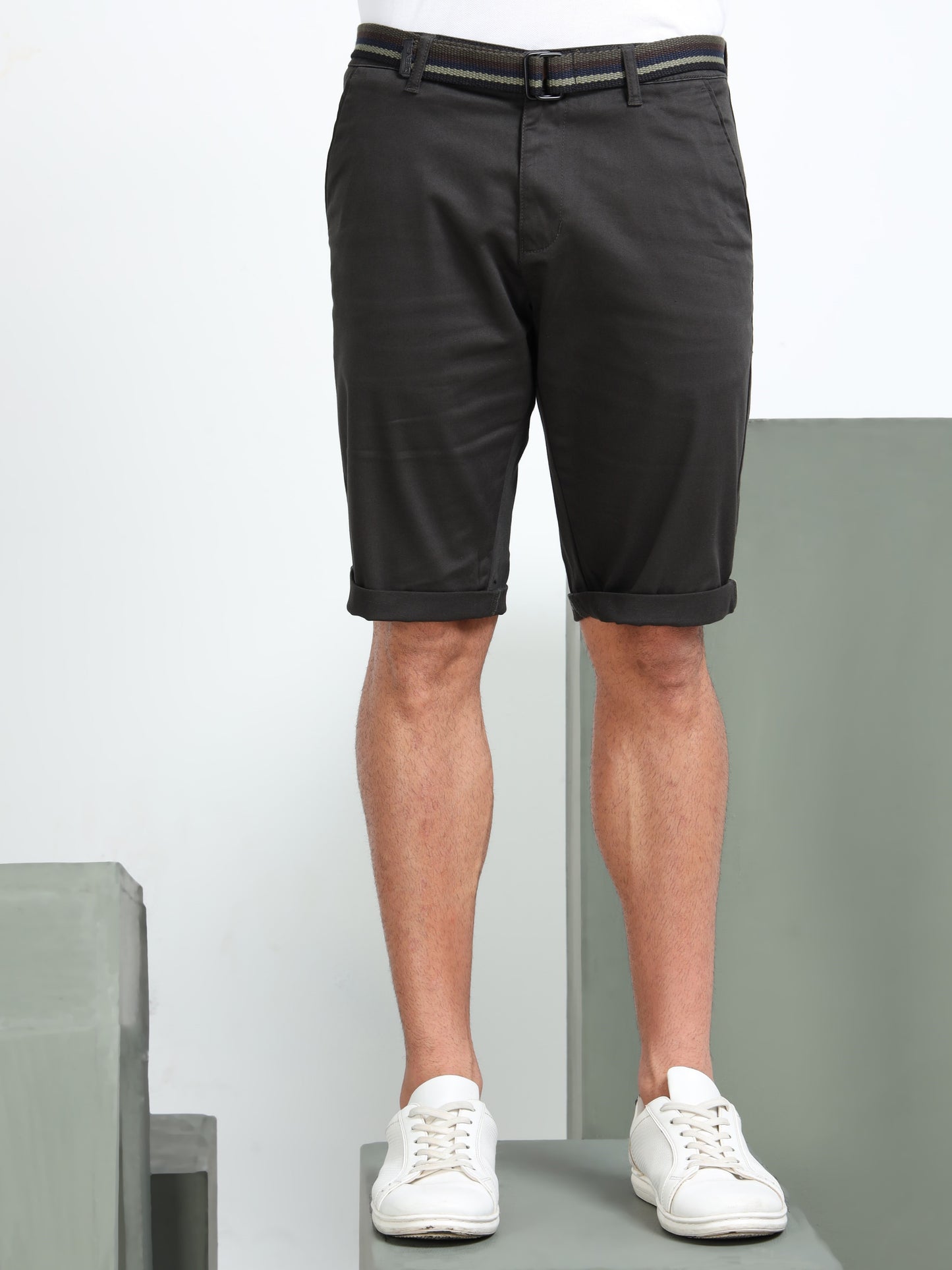 Solid Mid Rise Olive Casual Shorts