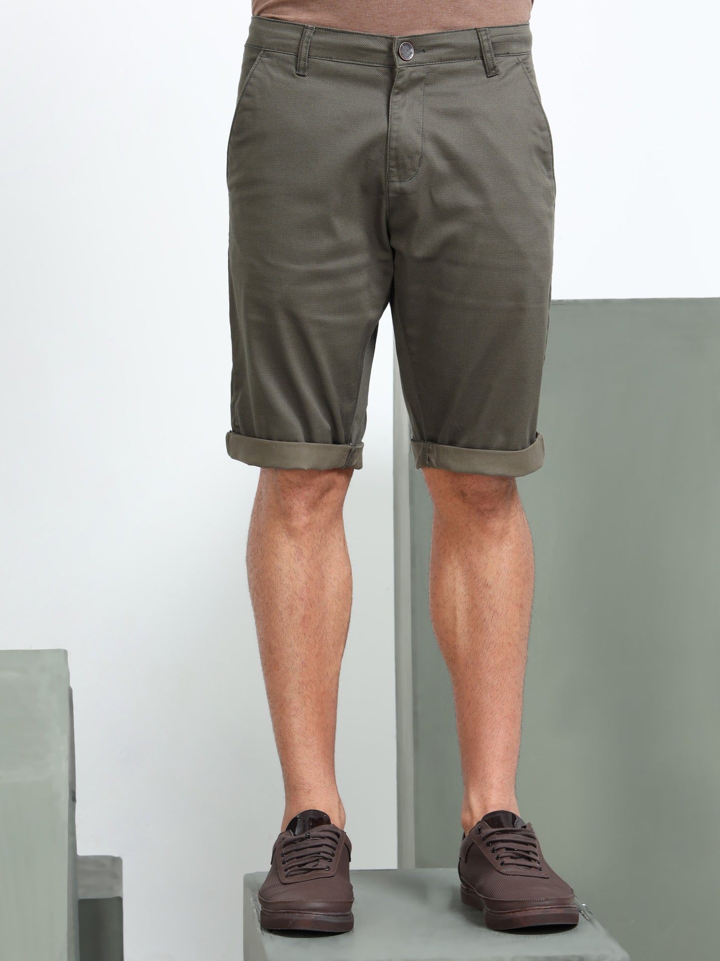 Printed Cotton Lycra Olive Shorts