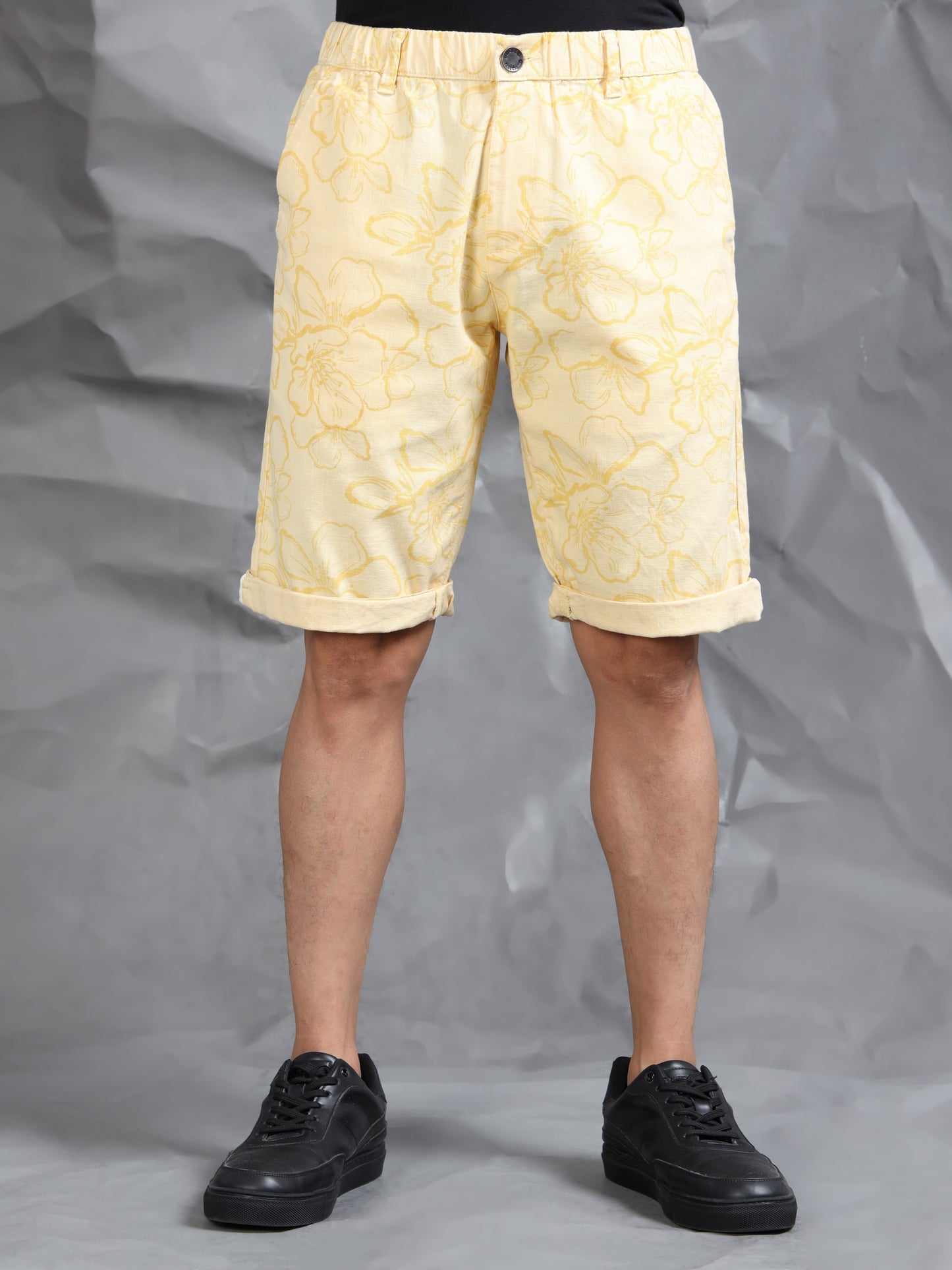Cotton Lycra Casual Light Yellow Printed Shorts
