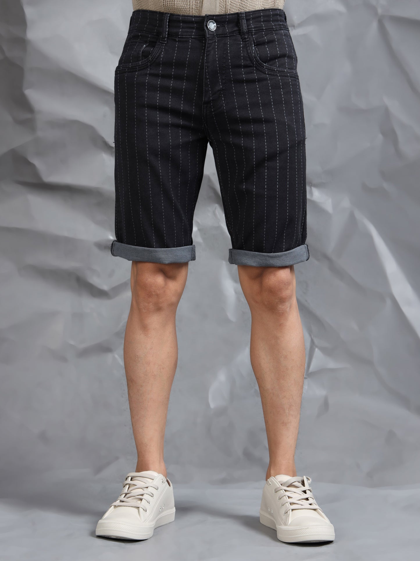 Black Striped Cotton Blend Denim Shorts