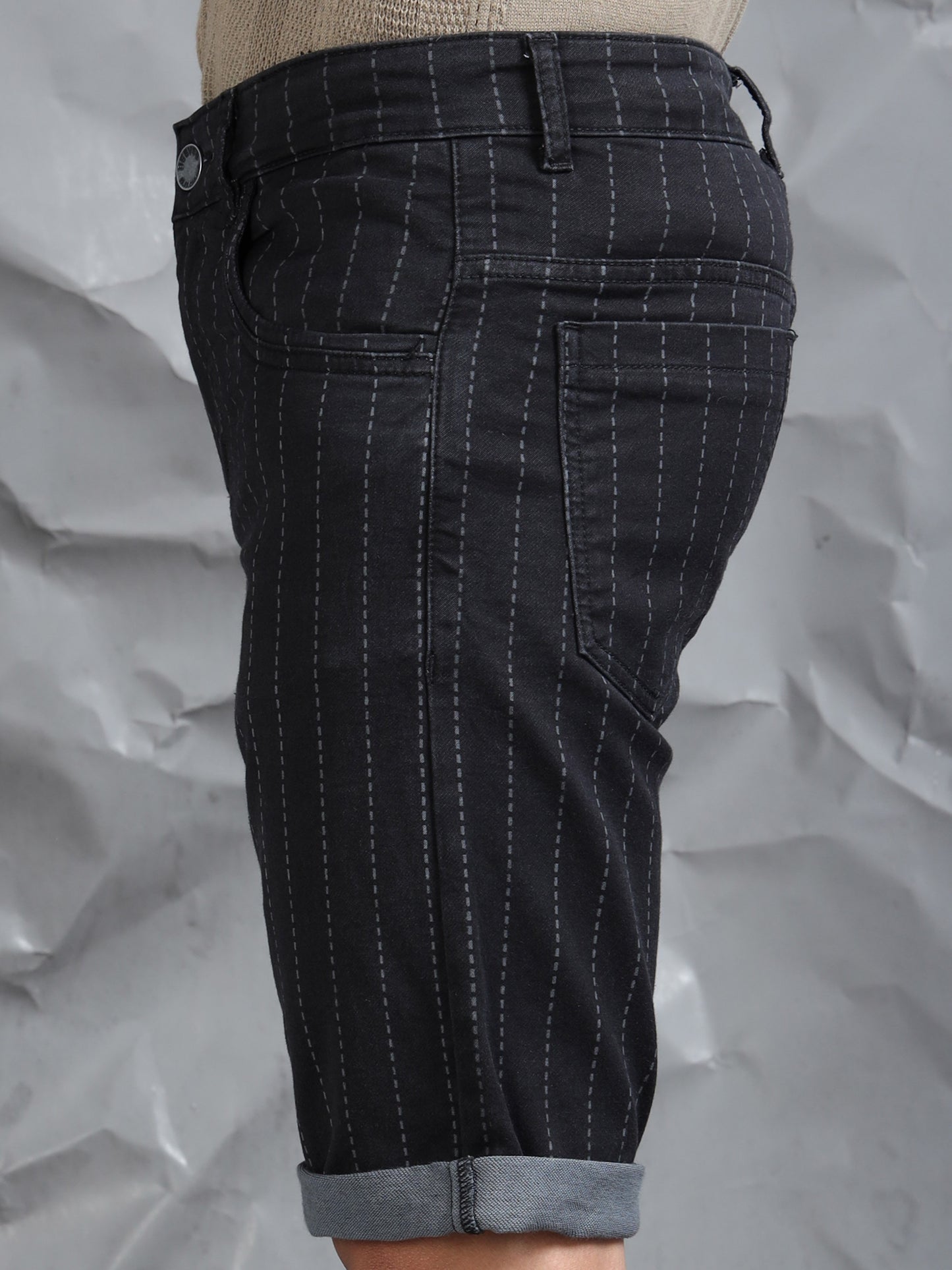 Black Striped Cotton Blend Denim Shorts