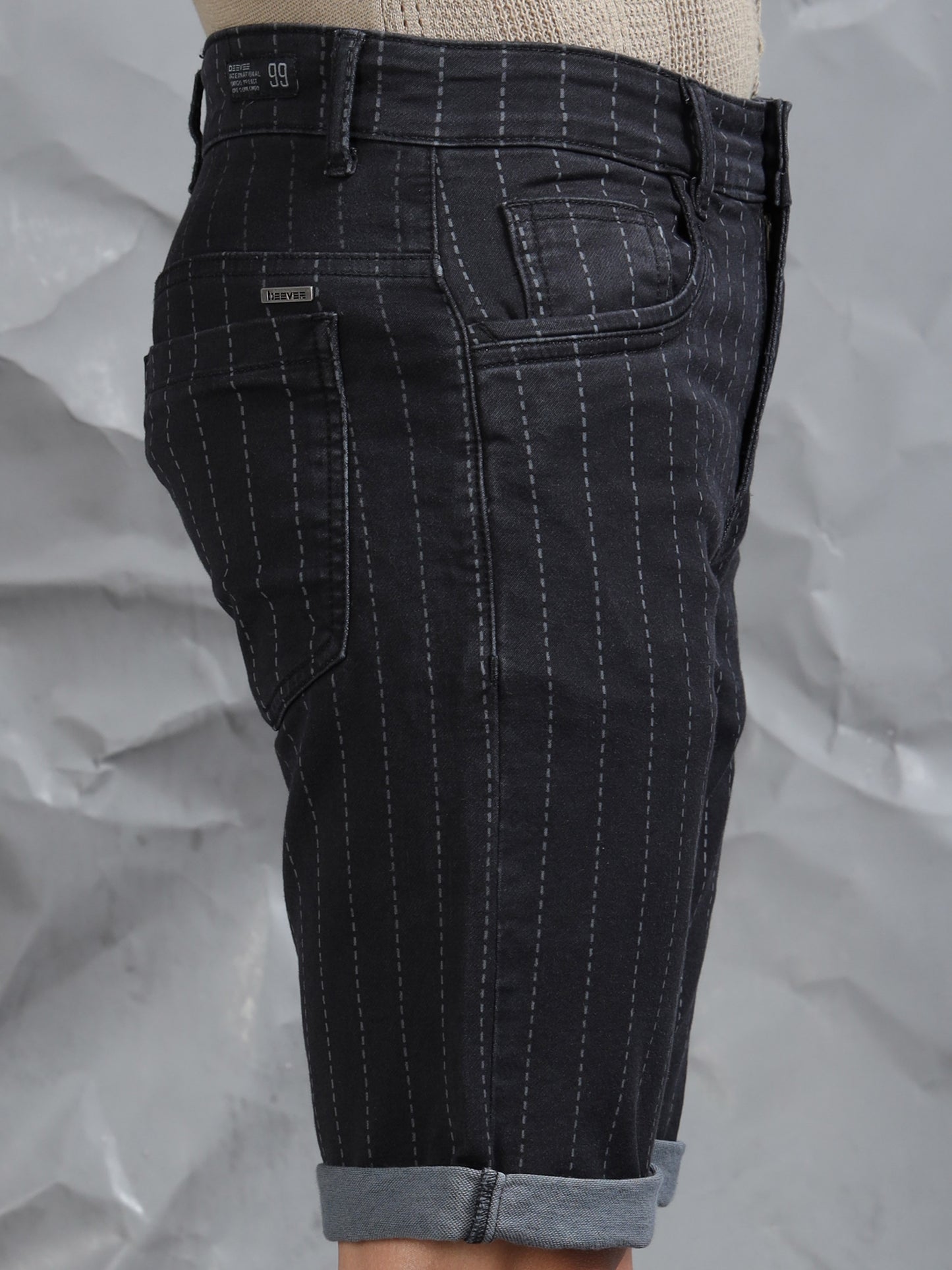 Black Striped Cotton Blend Denim Shorts