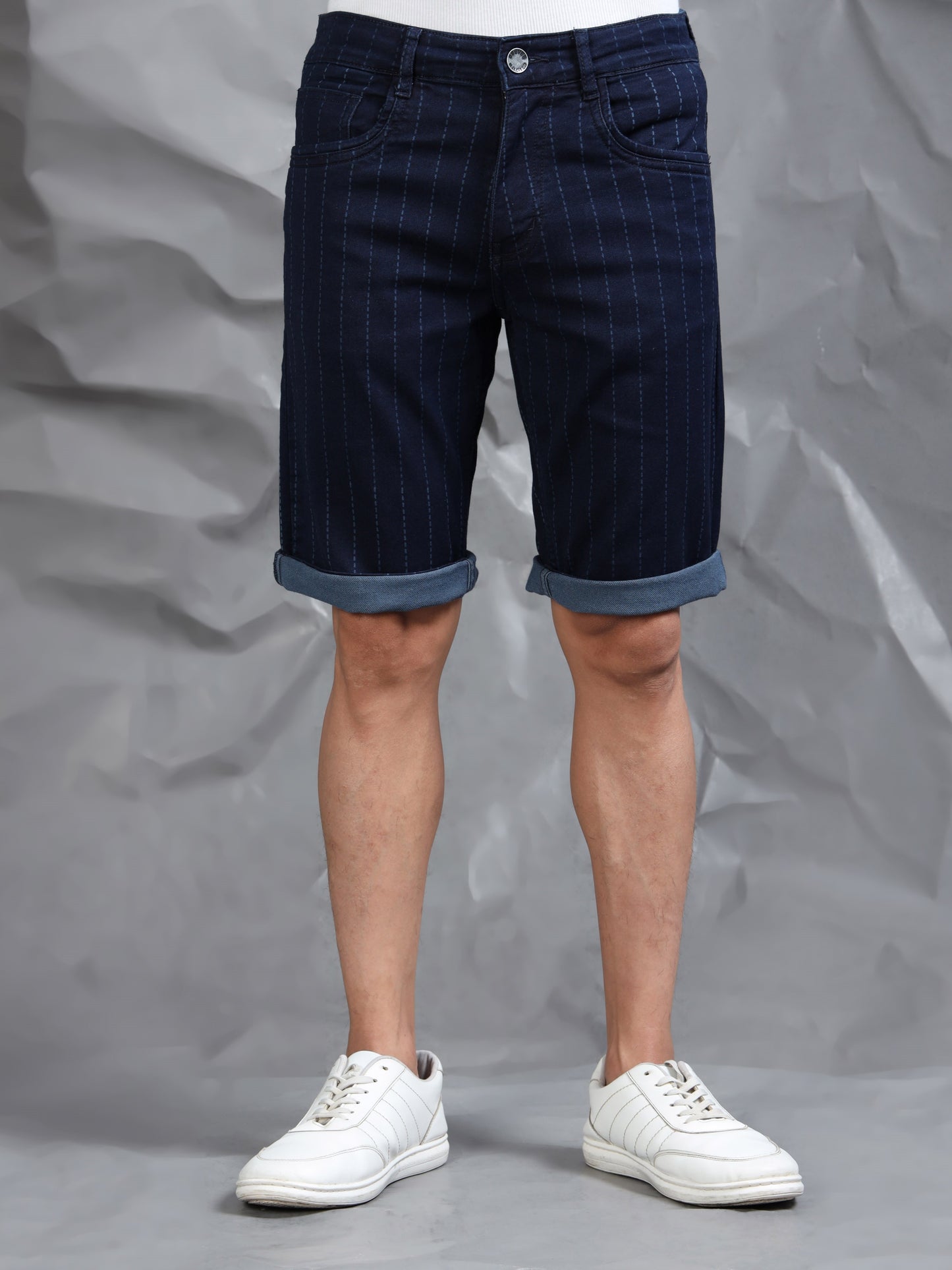 Indigo Striped Cotton Blend Denim Shorts
