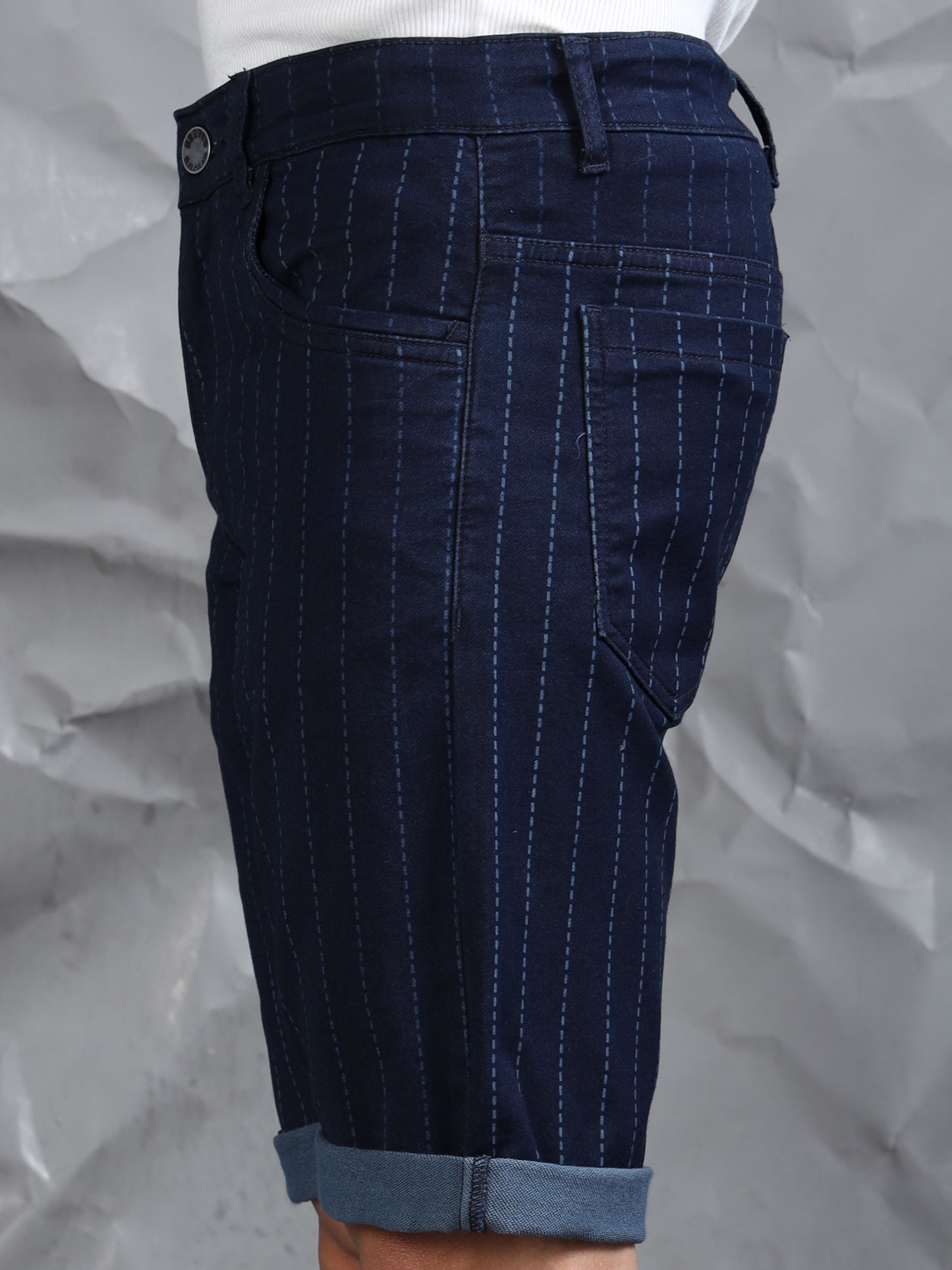 Indigo Striped Cotton Blend Denim Shorts