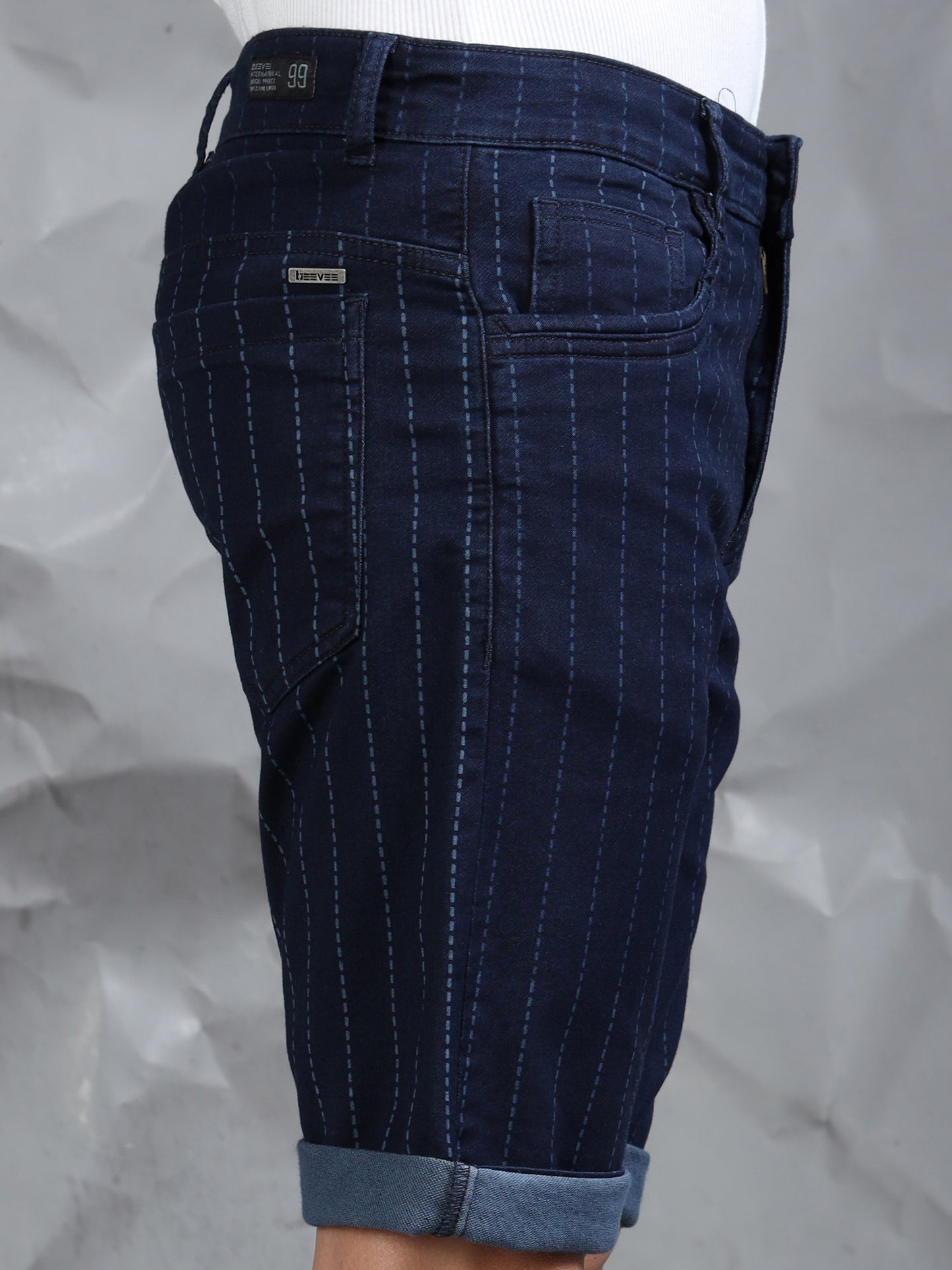Indigo Striped Cotton Blend Denim Shorts