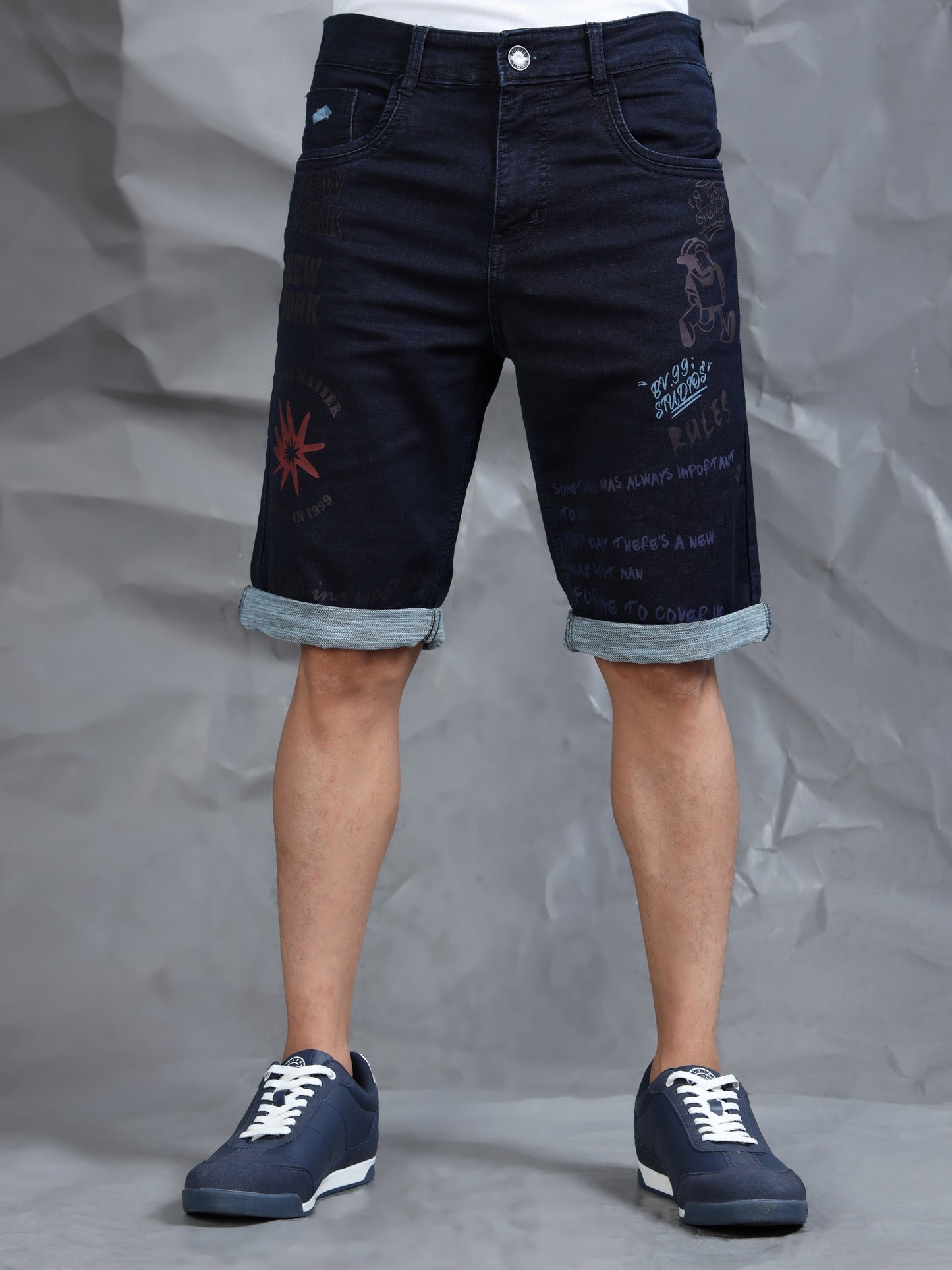 Cotton Navy Text Printed Casual Shorts