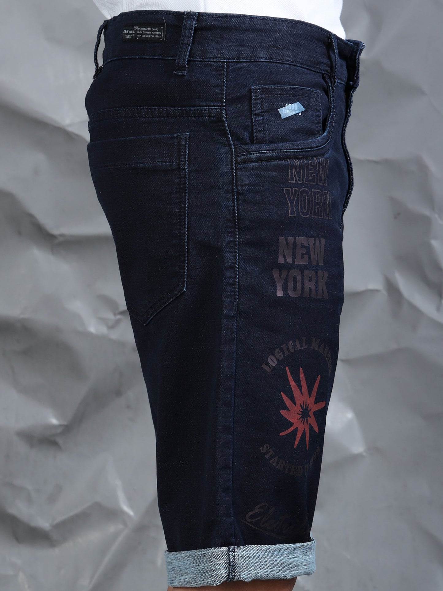 Cotton Navy Text Printed Casual Shorts