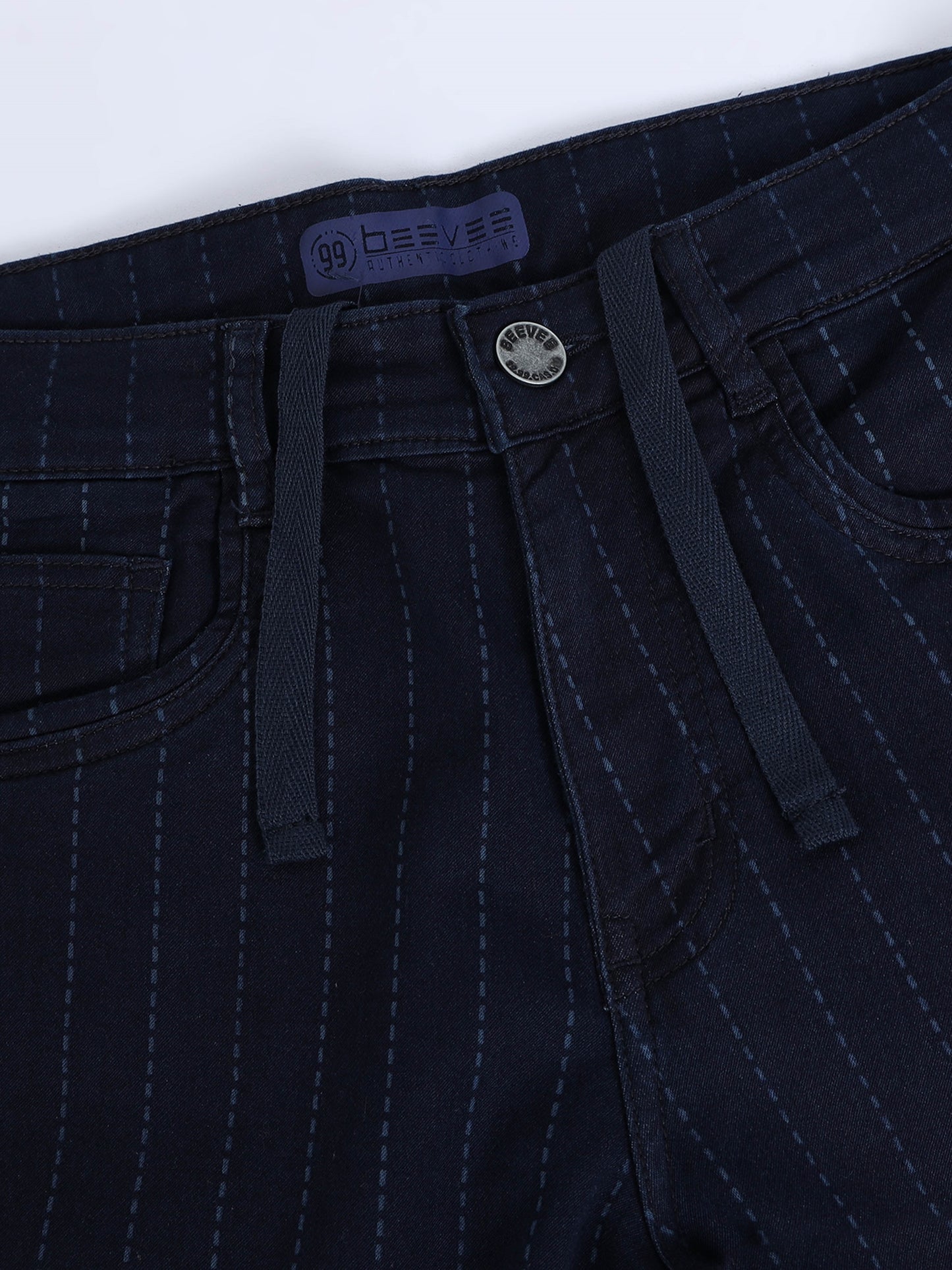 Indigo Striped Cotton Blend Denim Shorts