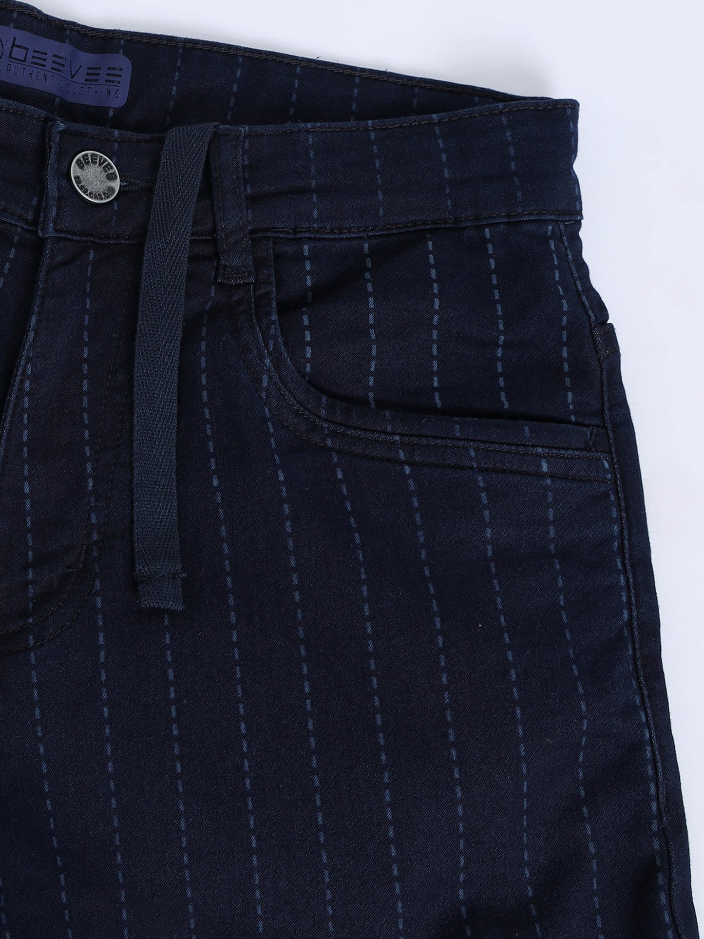 Indigo Striped Cotton Blend Denim Shorts