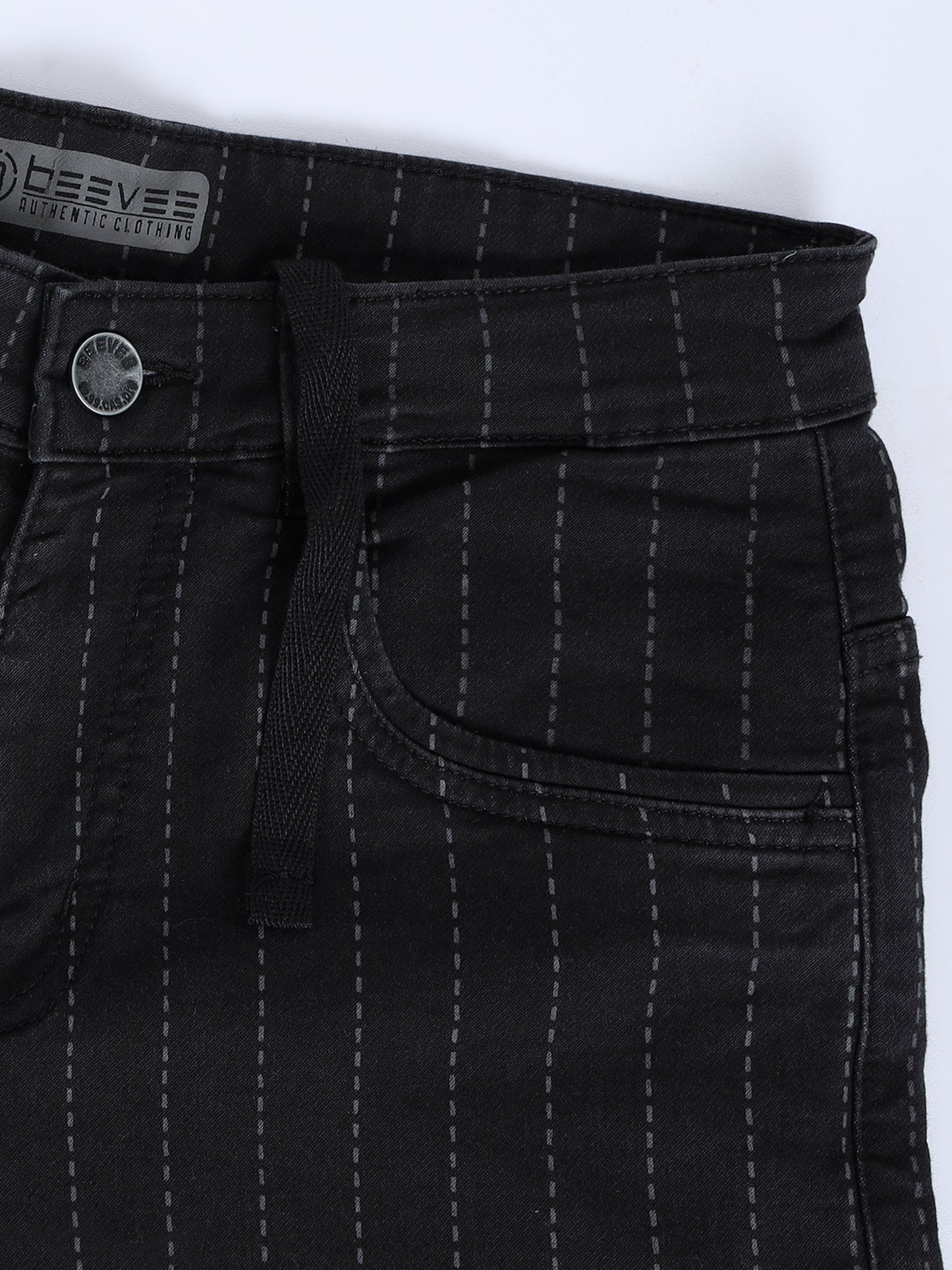 Black Striped Cotton Blend Denim Shorts