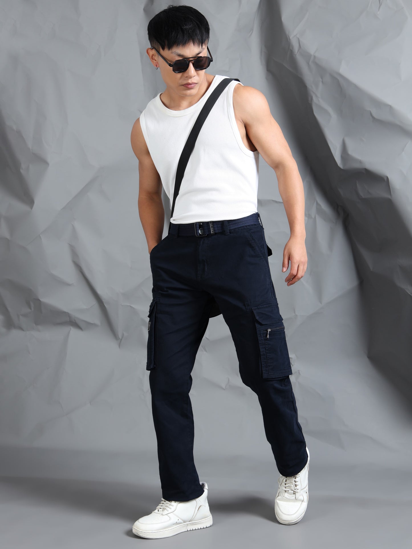 Men Navy Cargo Pants With Belt