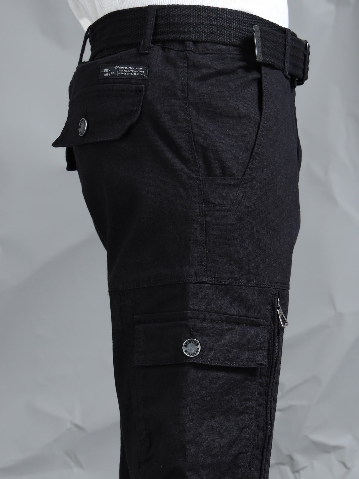 Cotton Lycra  Black Mid Rise Cargo Pant with 8 Pockets