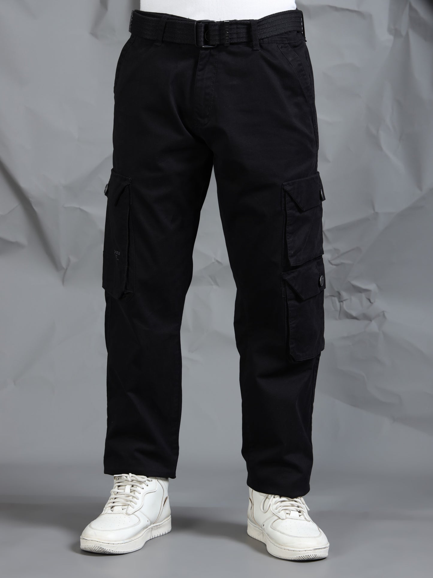Cotton Lycra Black  Mid Rise Cargo Pant with 7 Pockets