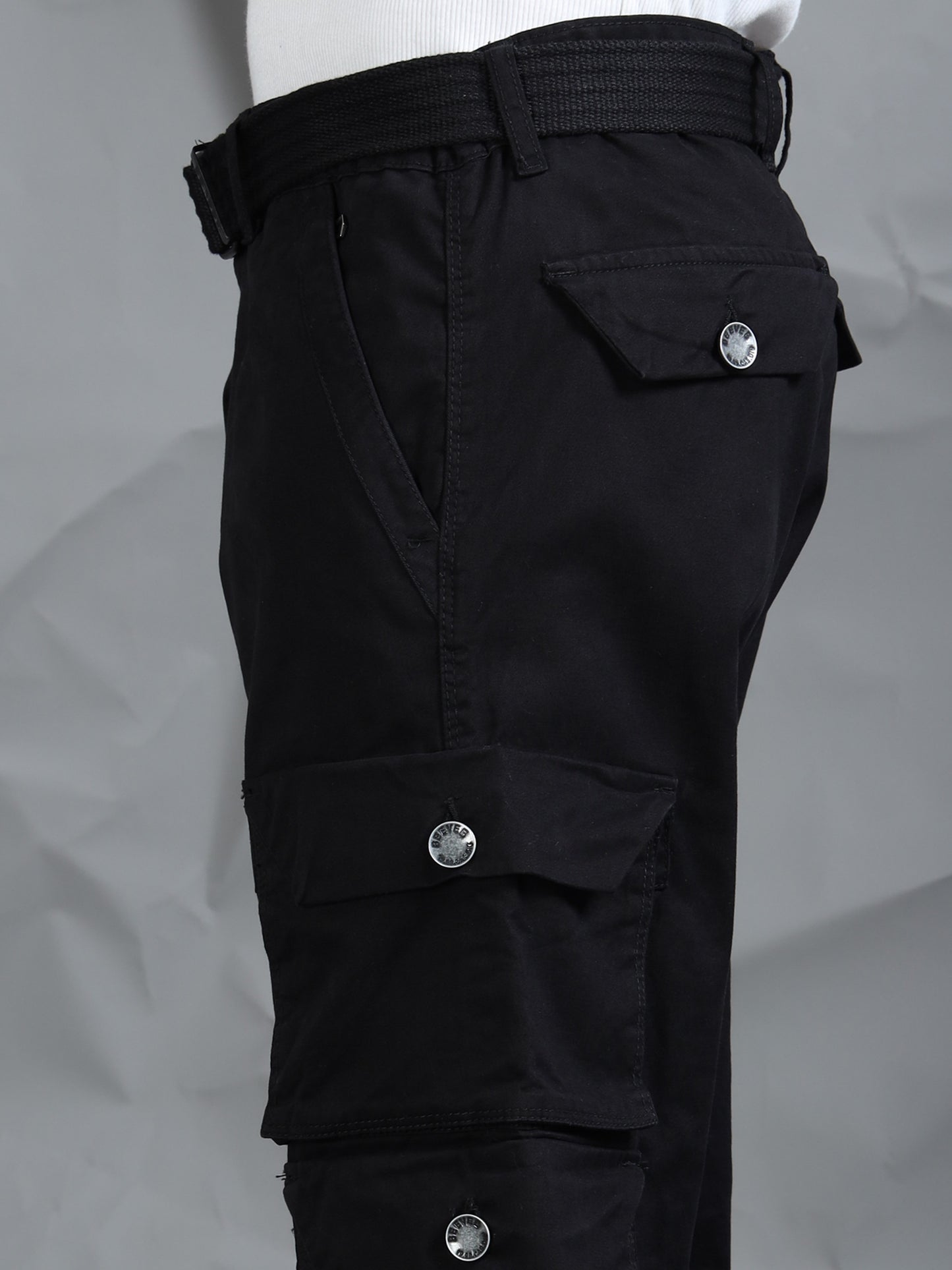Cotton Lycra Black  Mid Rise Cargo Pant with 7 Pockets
