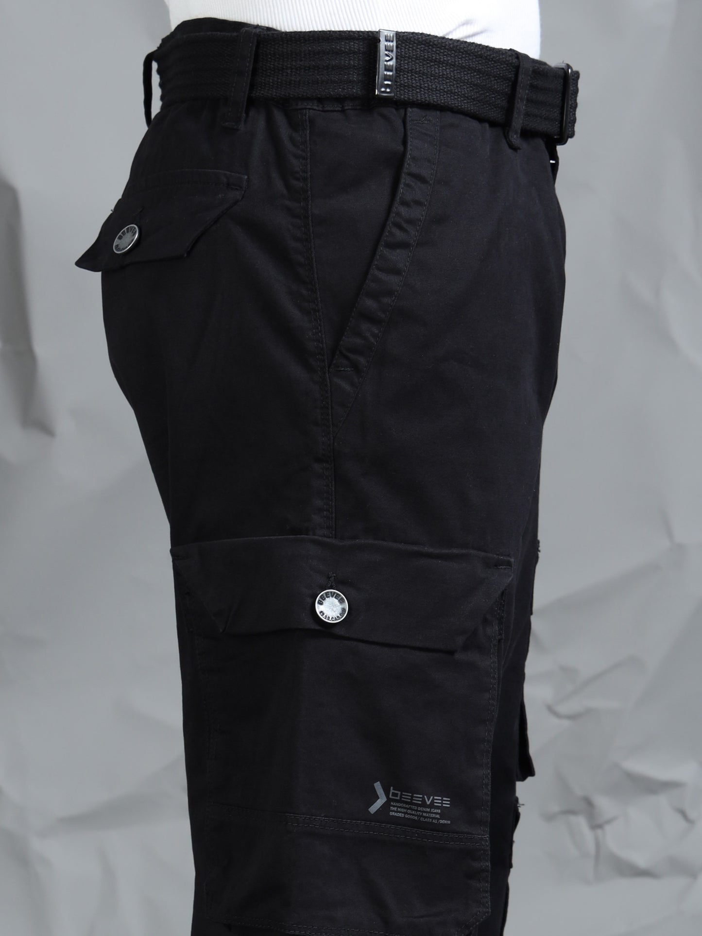 Cotton Lycra Black  Mid Rise Cargo Pant with 7 Pockets