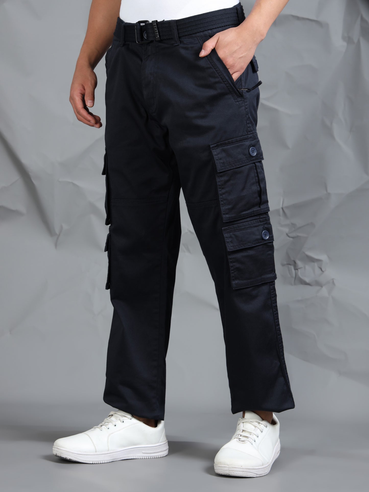 Men Navy Cargo Pants With Belt