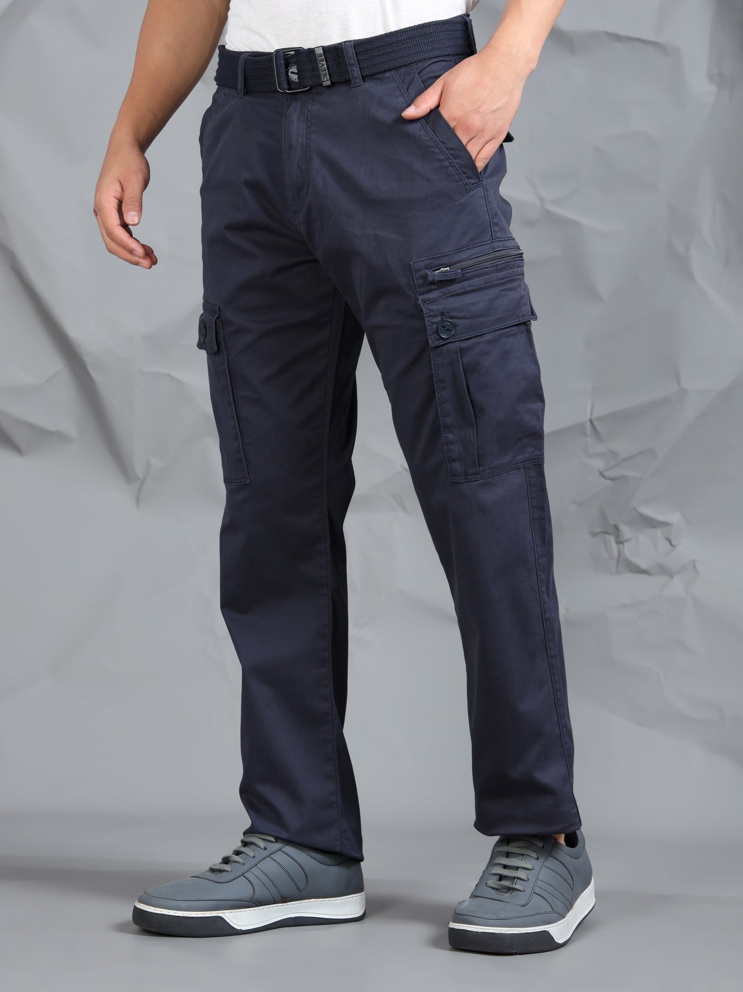 Men Navy Cargo Pants With Belt