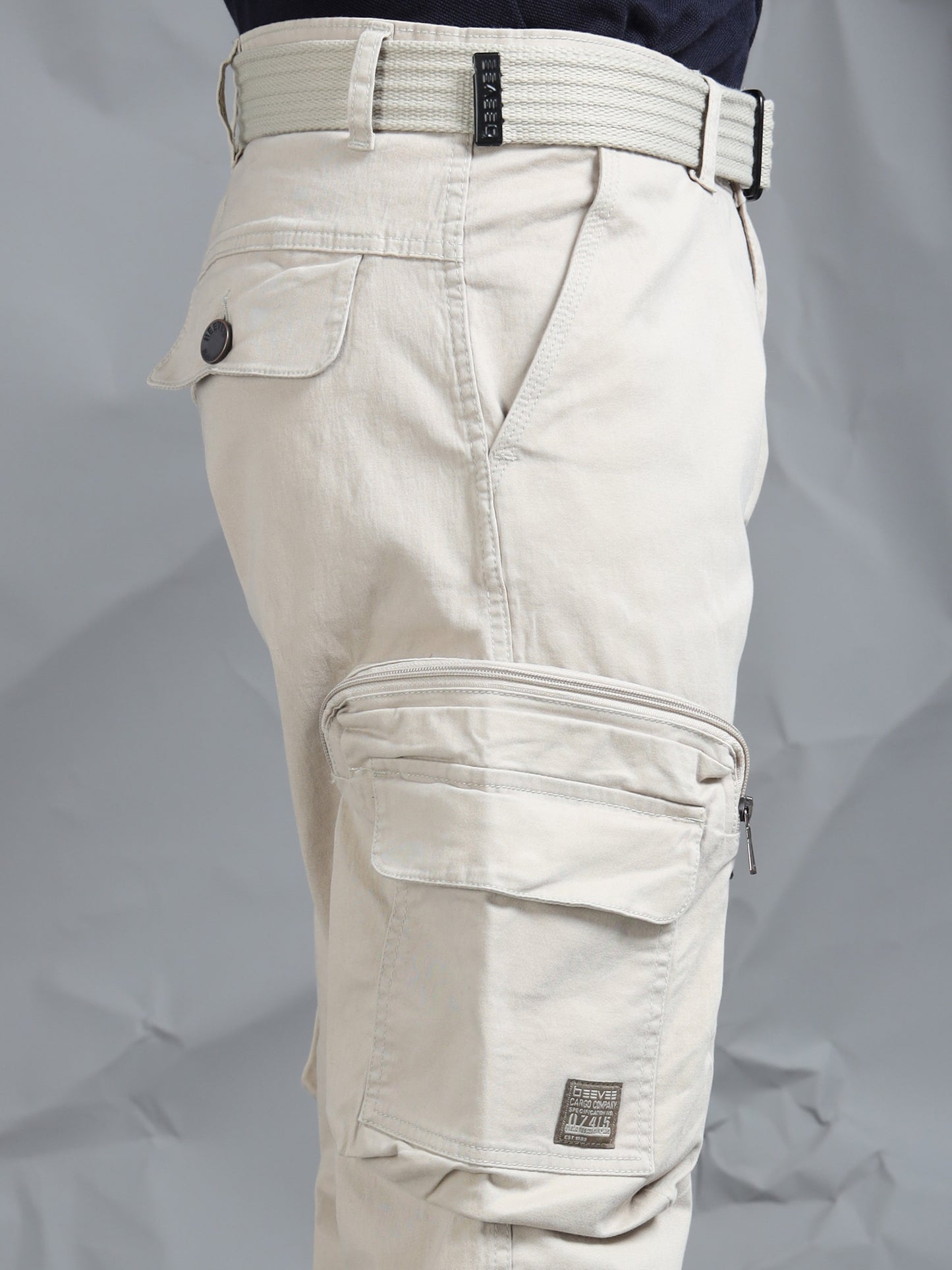 Cotton Lycra  Sand Mid Rise Cargo Pant with 8 Pockets