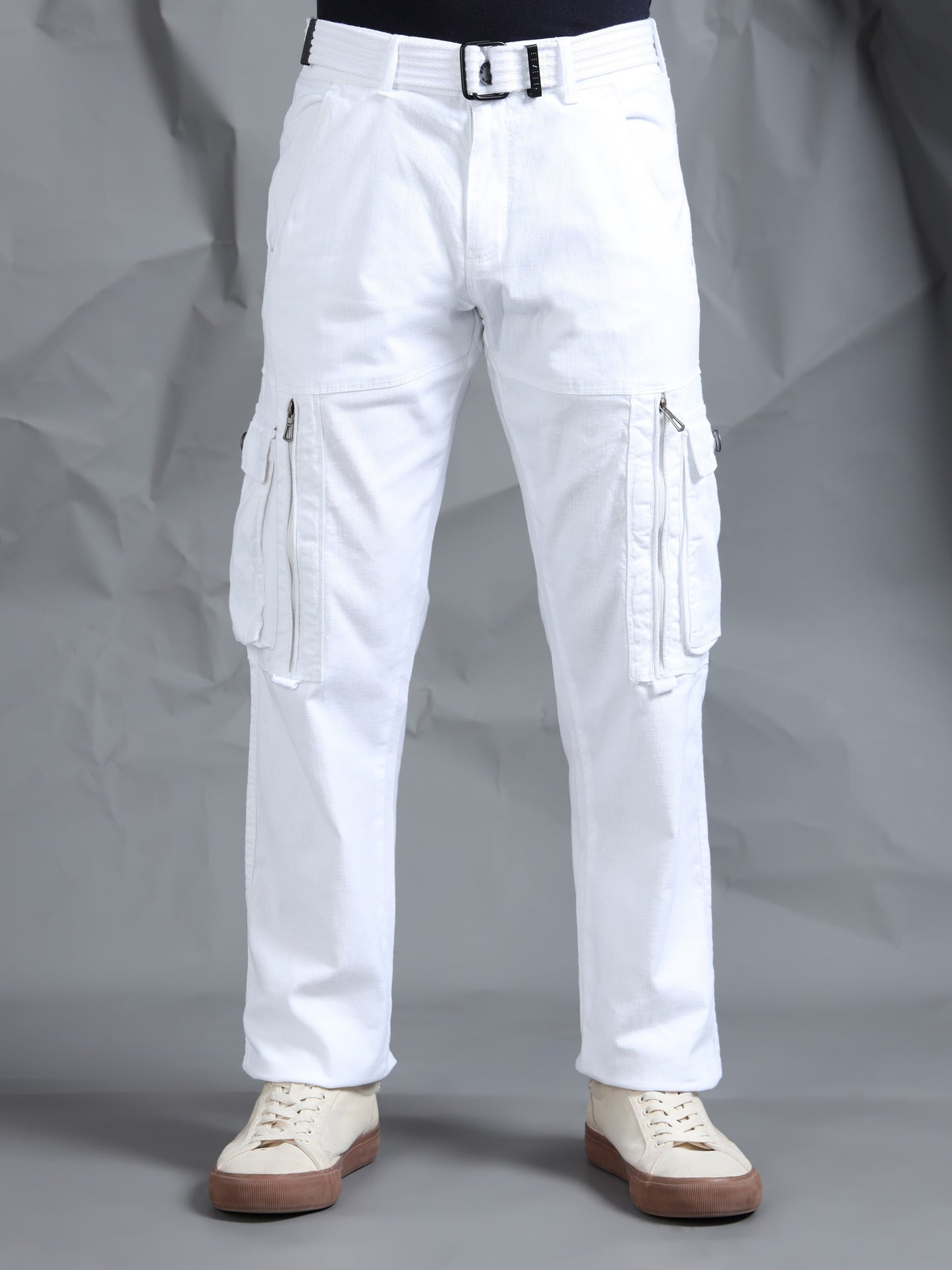 Cotton Lycra  White Mid Rise Cargo Pant with 8 Pockets