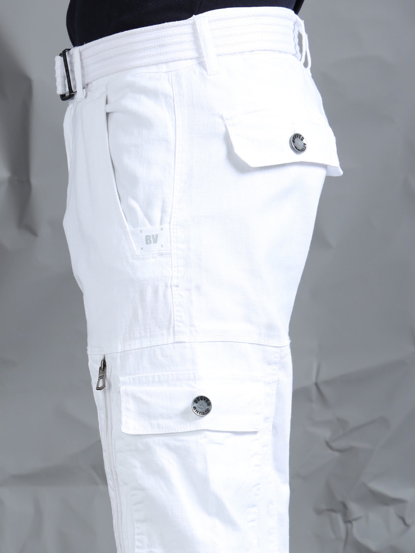 Cotton Lycra  White Mid Rise Cargo Pant with 8 Pockets