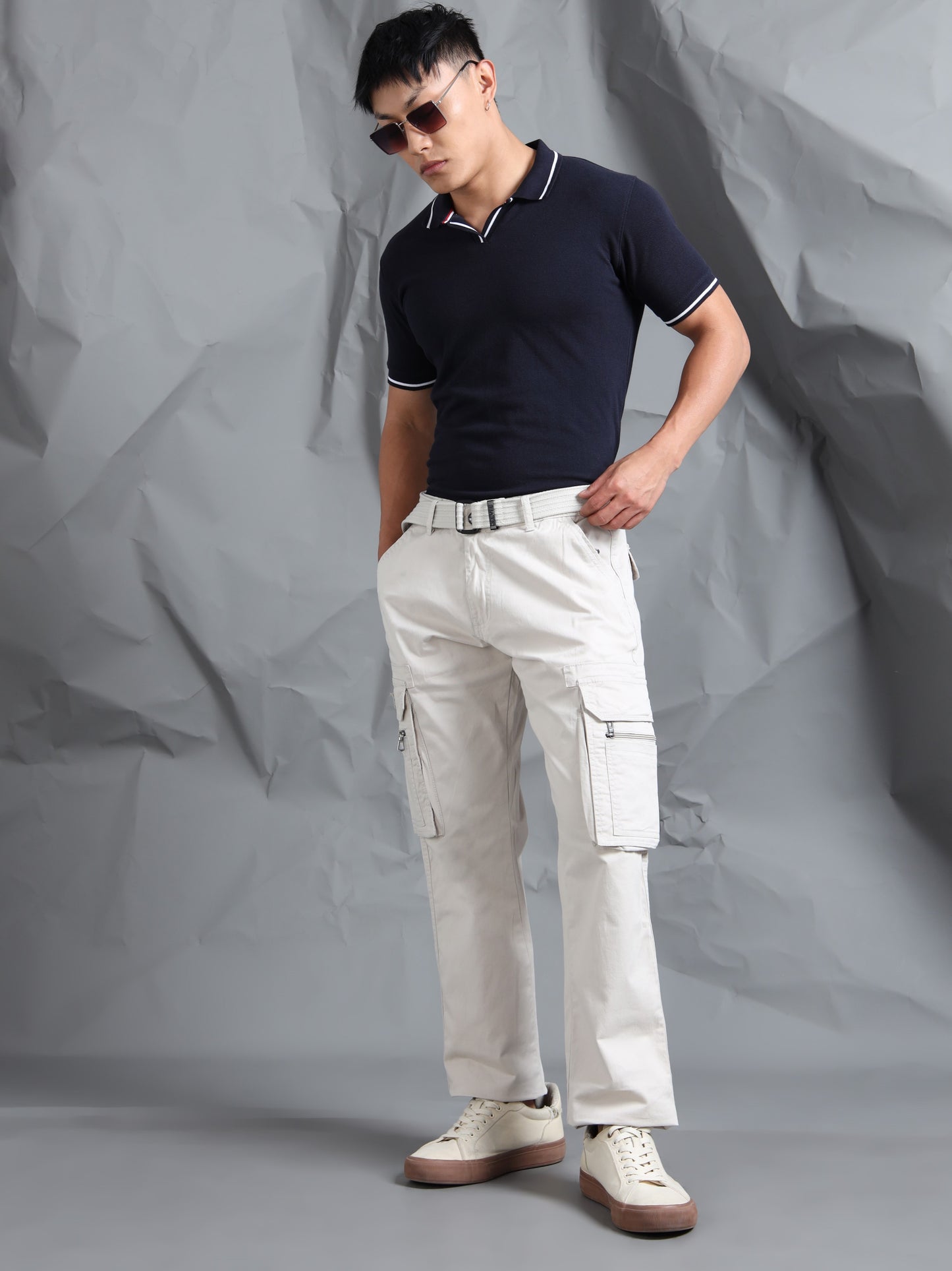 Men LT Grey Cargo Pants With Belt