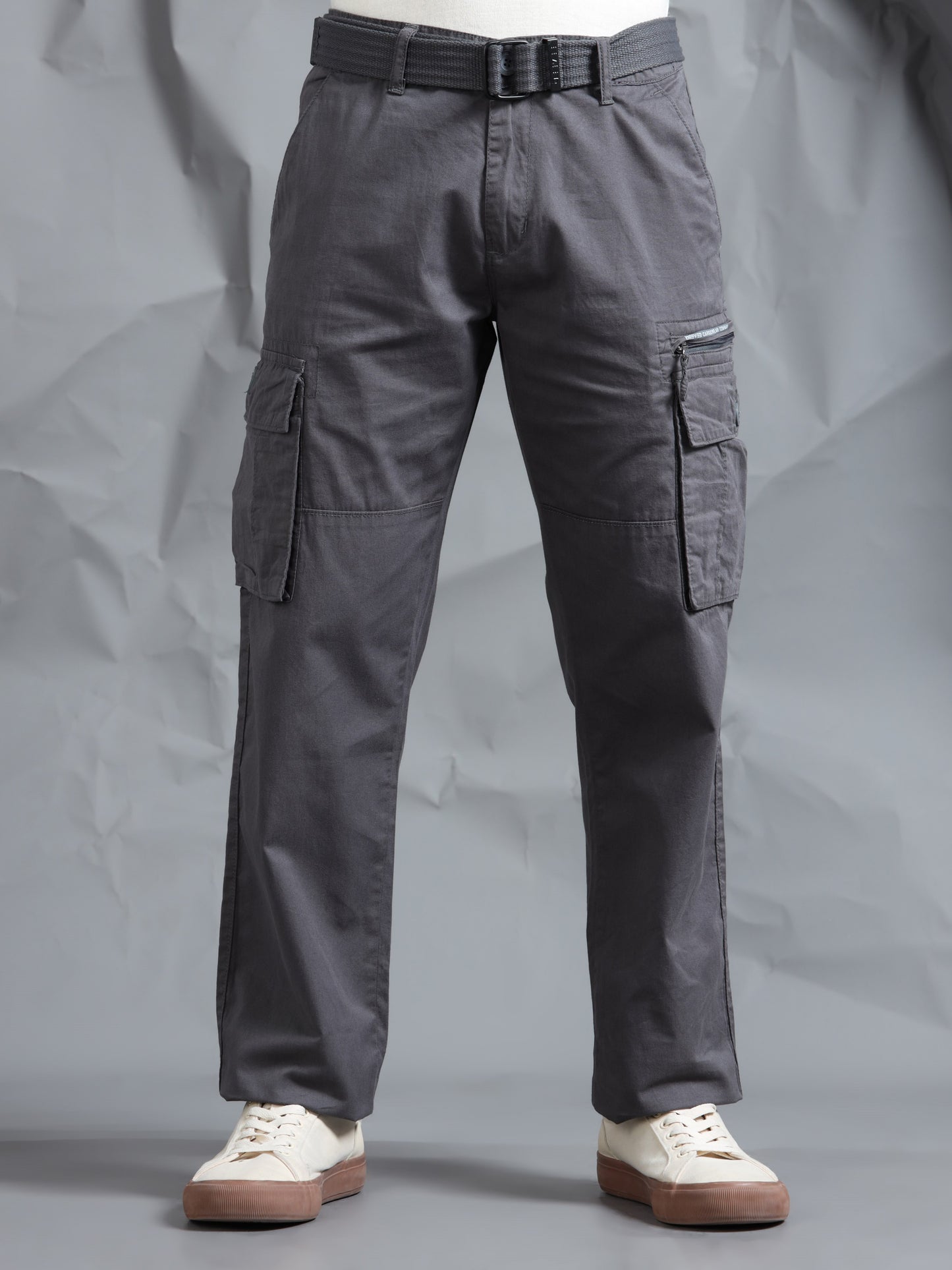 Men M Grey Cargo Pants With Belt