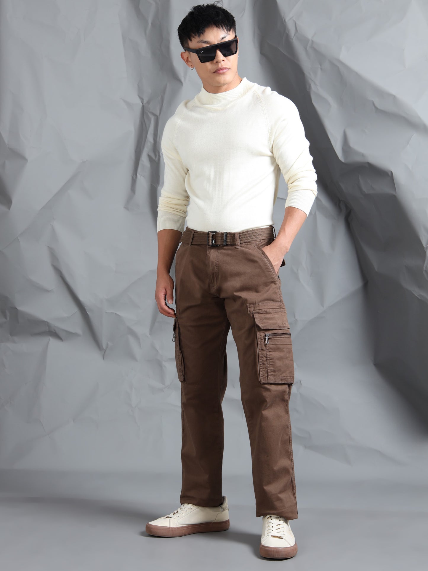 Men LT Brown Cargo Pants With Belt