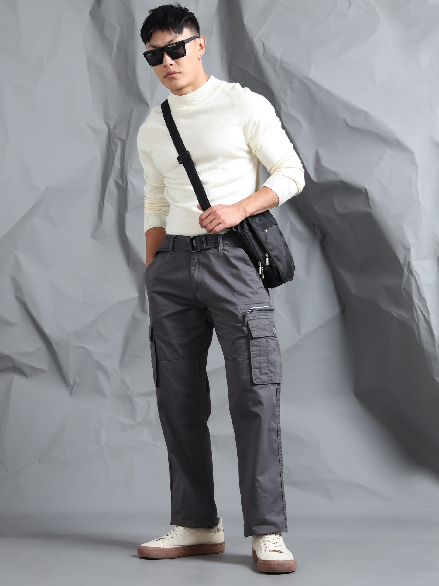 Men M Grey Cargo Pants With Belt