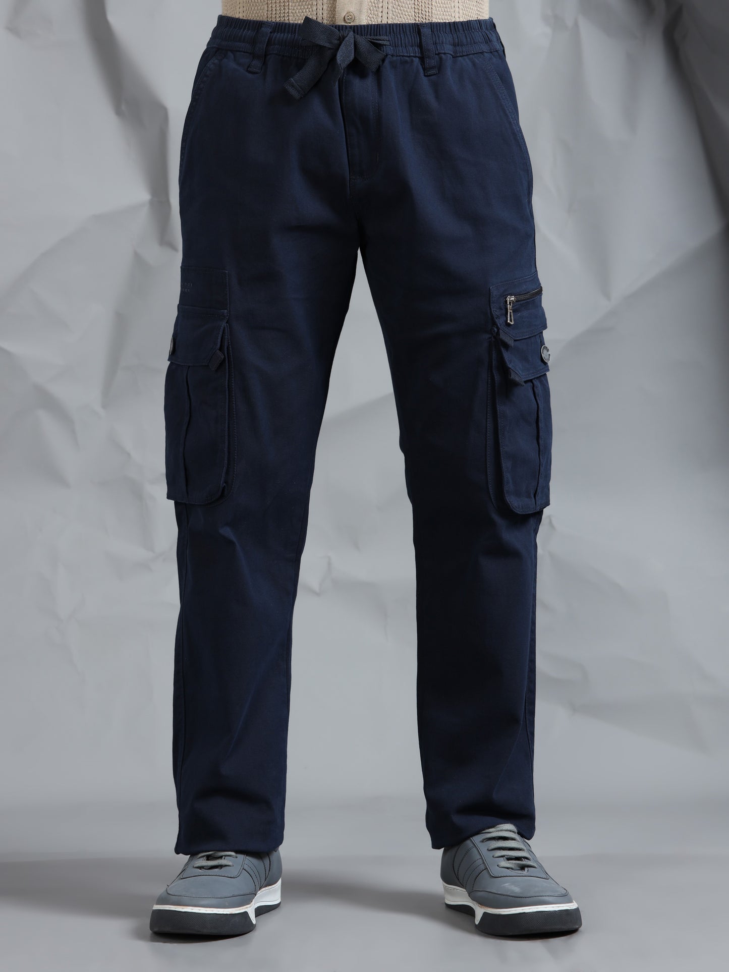 Cotton Lycra Navy Blue  Mid Rise Cargo Pant with 7 Pockets  Drawstring Closure