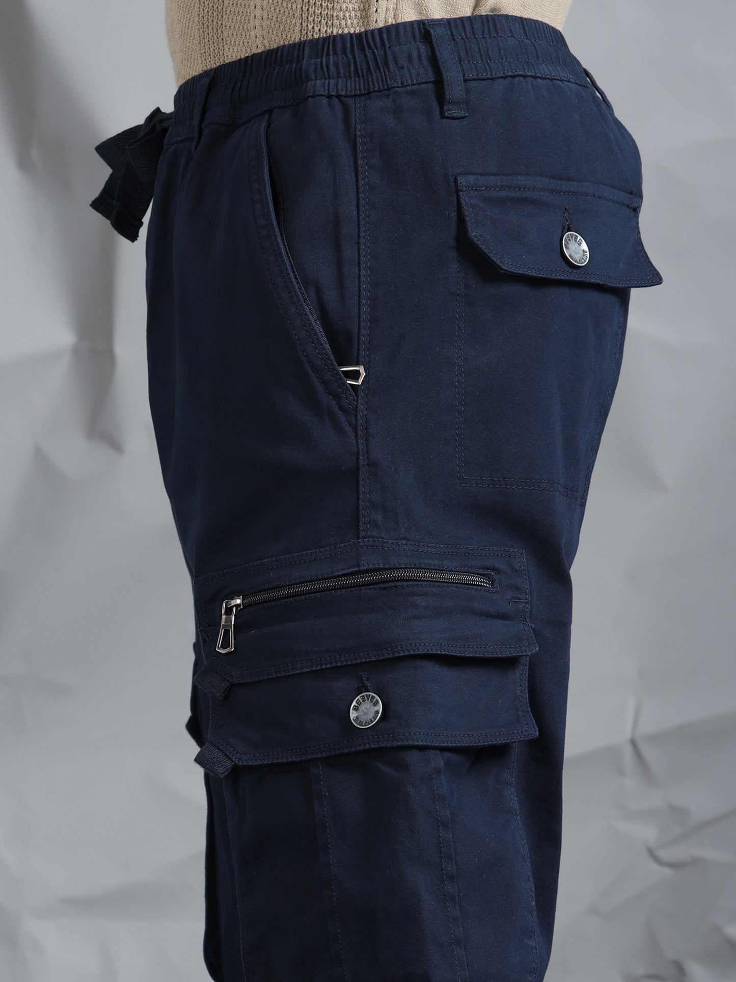 Cotton Lycra Navy Blue  Mid Rise Cargo Pant with 7 Pockets  Drawstring Closure