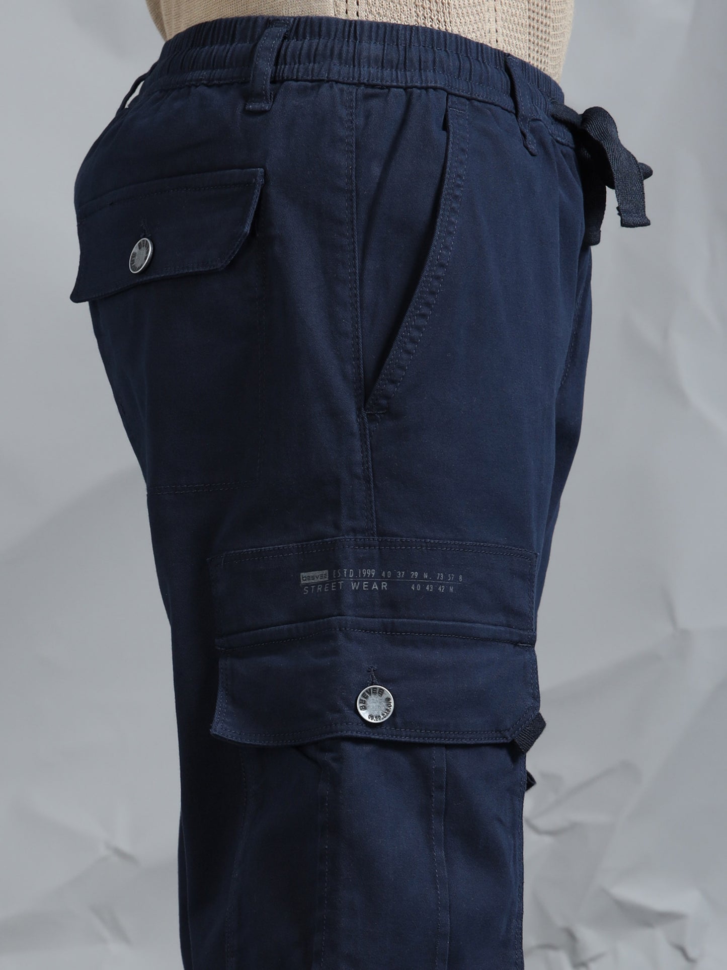 Cotton Lycra Navy Blue  Mid Rise Cargo Pant with 7 Pockets  Drawstring Closure