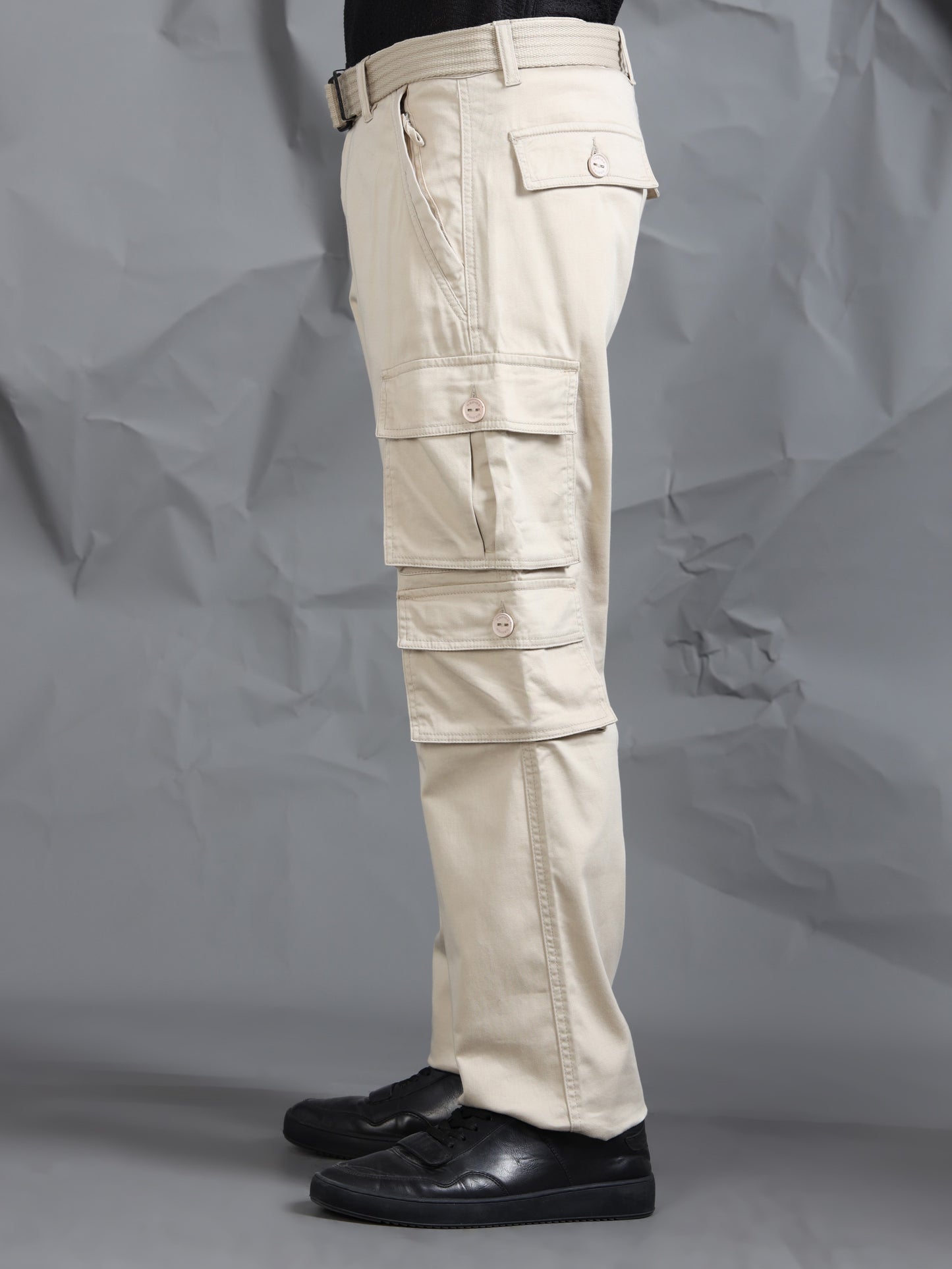 Men Sand Cargo Pocket Pants With Belt