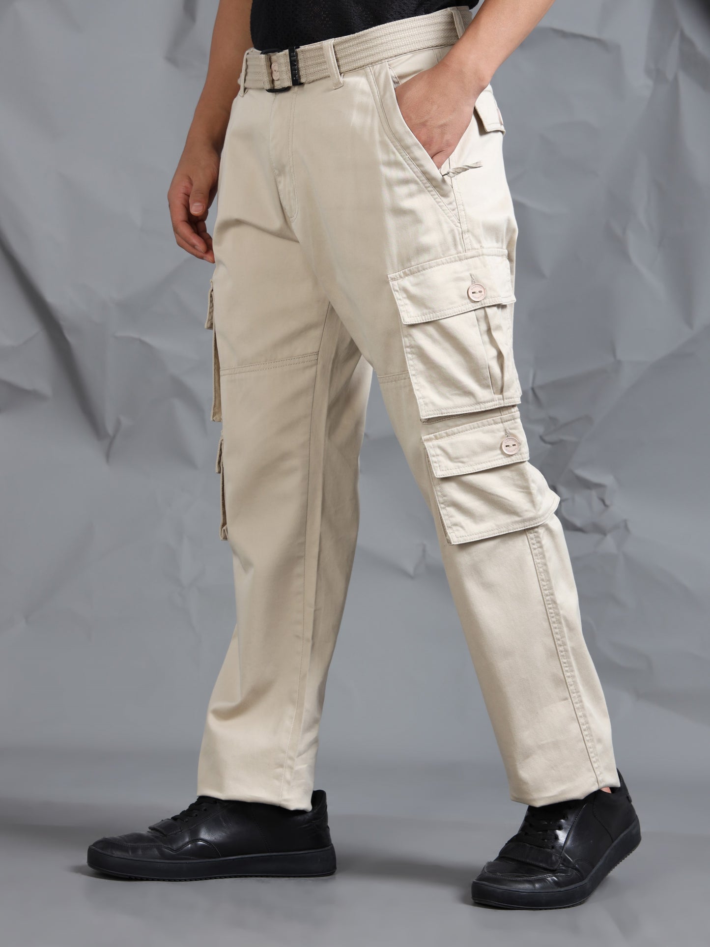 Men Sand Cargo Pocket Pants With Belt