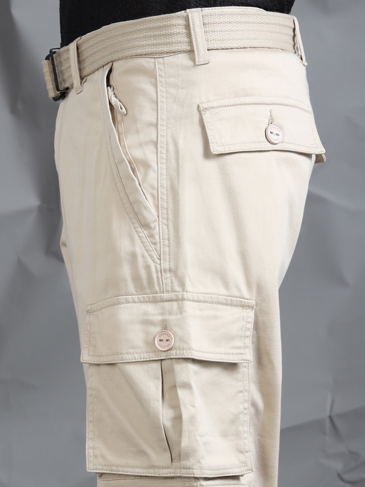 Men Sand Cargo Pocket Pants With Belt