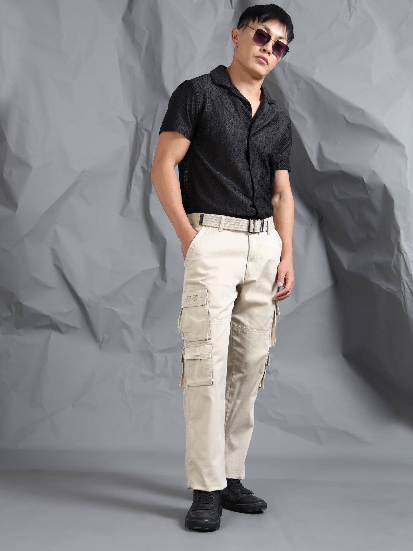 Men Sand Cargo Pocket Pants With Belt
