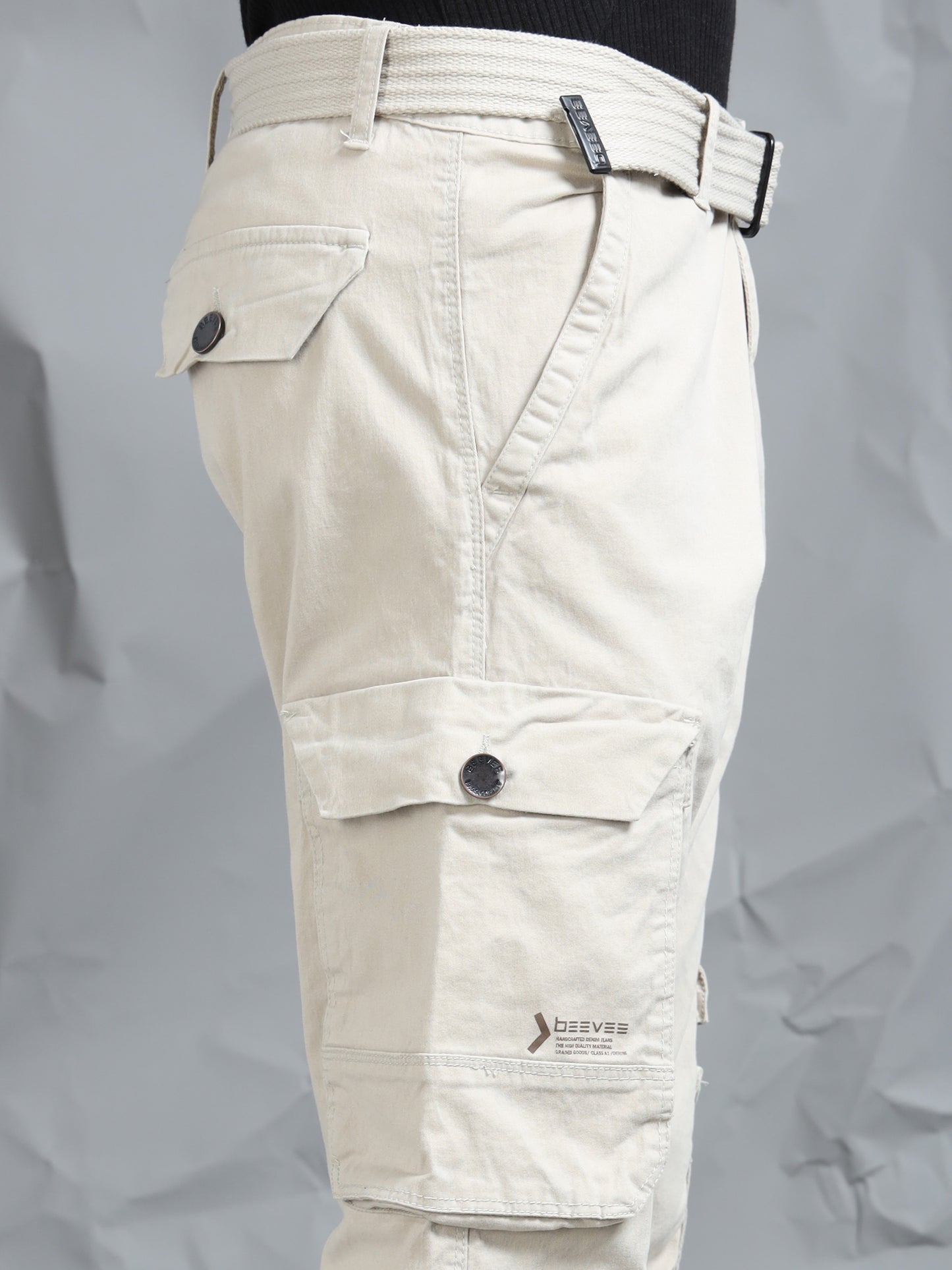 Cotton Lycra Sand  Mid Rise Cargo Pant with 7 Pockets